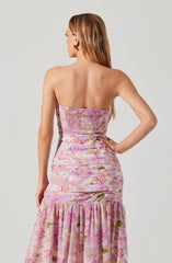 Estefany Strapless Pleated Floral Maxi Dress