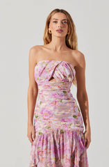 Estefany Strapless Pleated Floral Maxi Dress