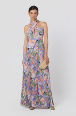 Samantha Floral Halter Pleated Gown