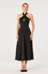 Satin Crossover Halter Midi Dress