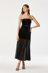 Strapless Contrast Belted Midi Dress