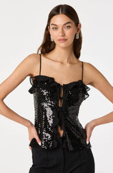 Sequin Ruffle Trim Tie Top