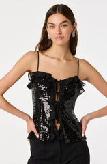 Sequin Ruffle Trim Tie Top