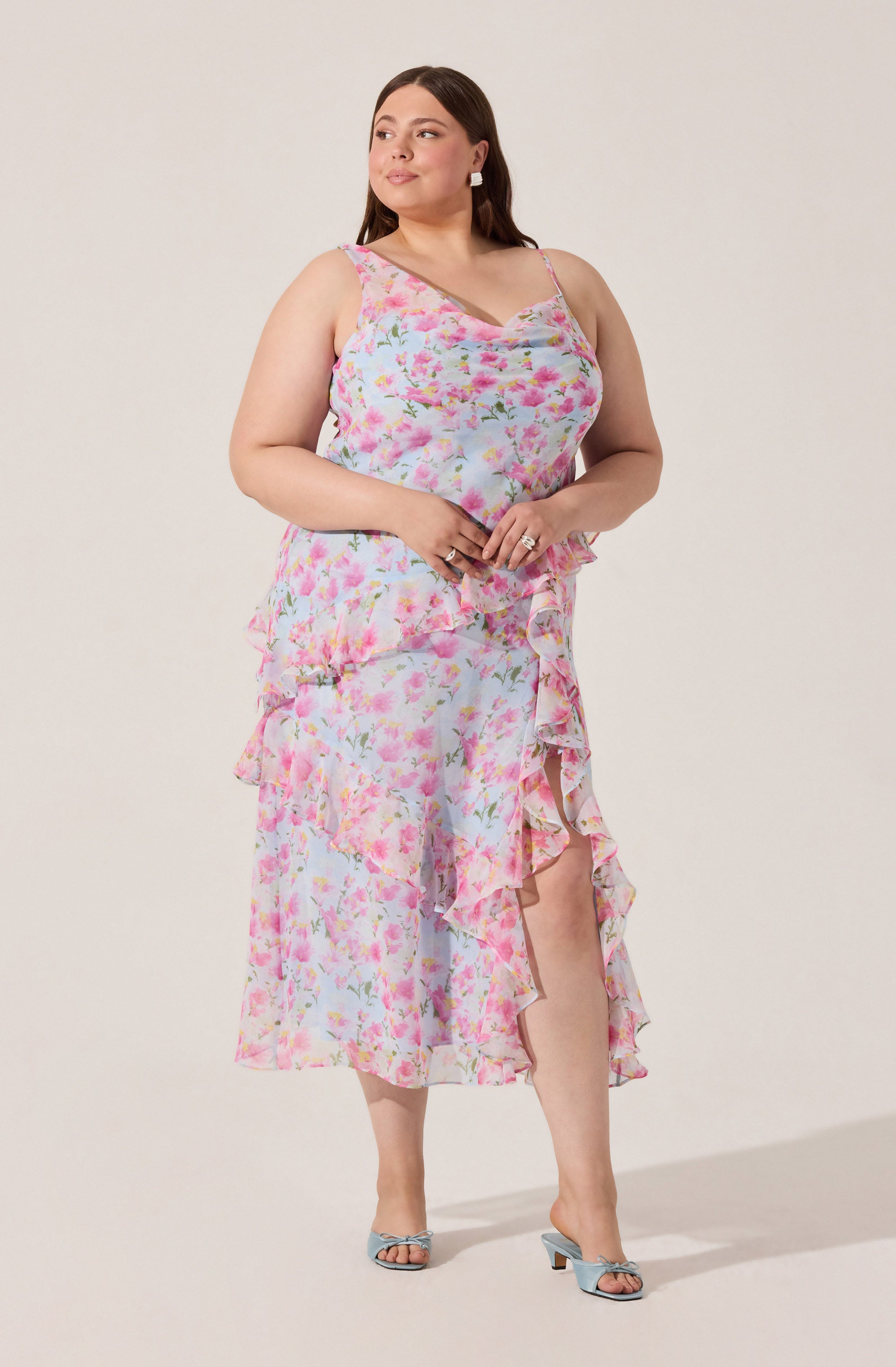 Levina Asymmetric Floral Ruffle Maxi Dress