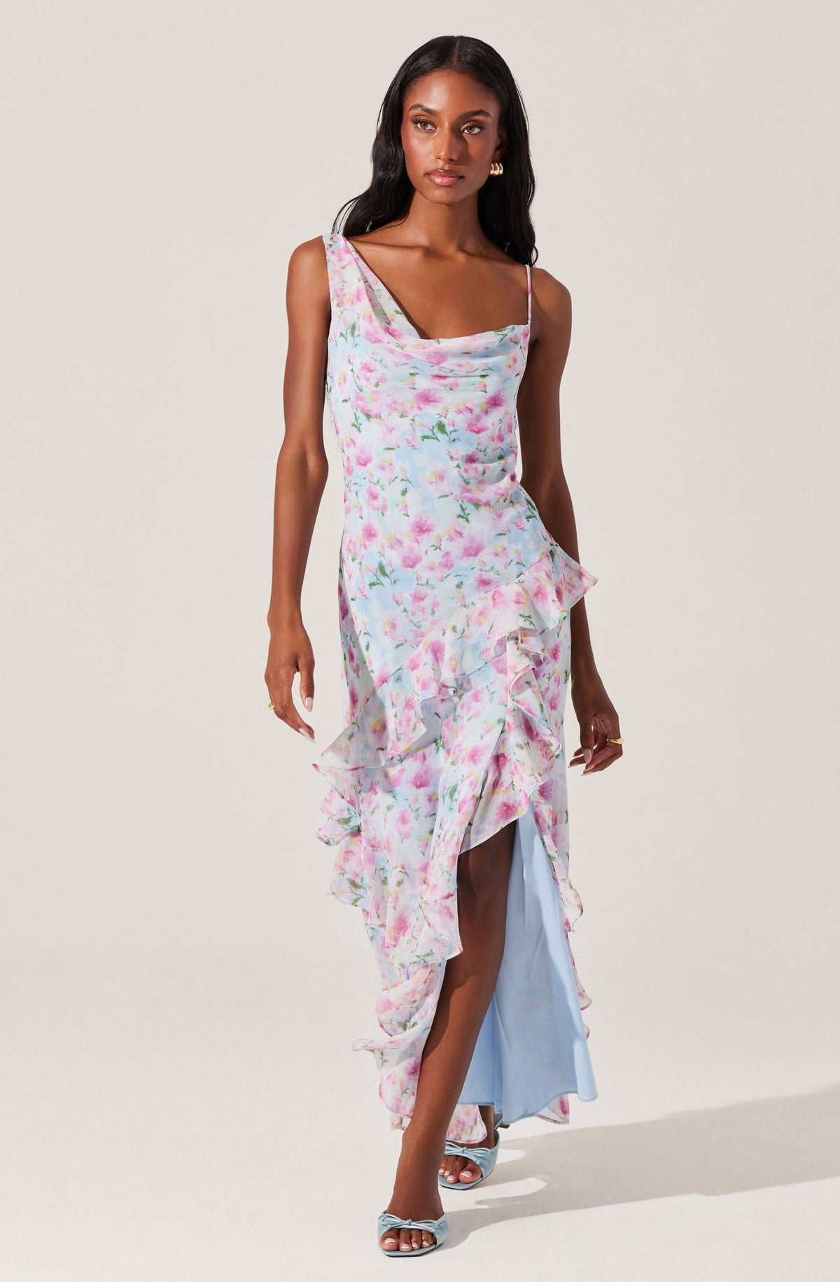 Levina Asymmetric Floral Ruffle Maxi Dress