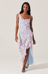 Levina Asymmetric Floral Ruffle Maxi Dress