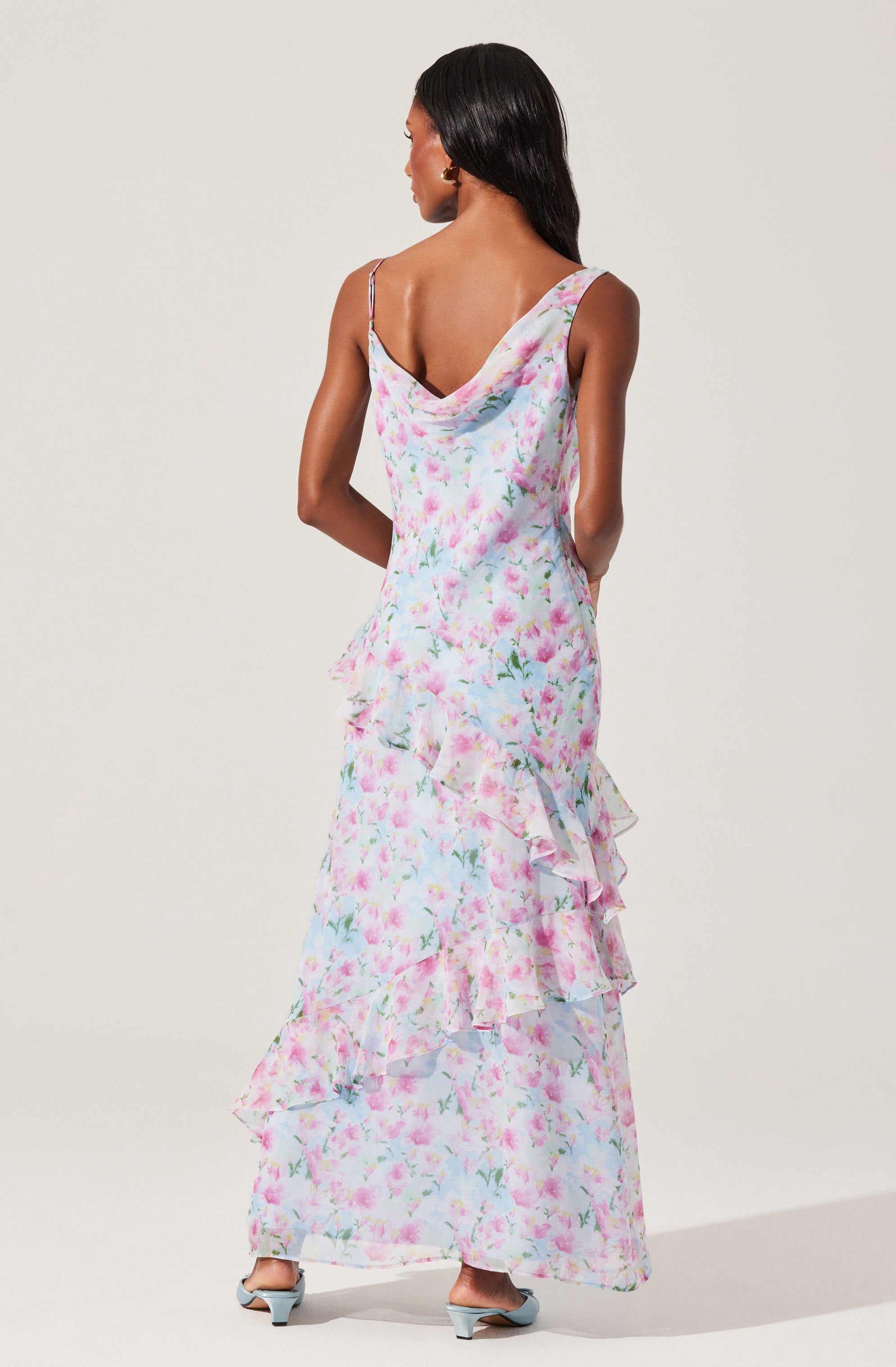 Levina Asymmetric Floral Ruffle Maxi Dress