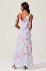 Levina Asymmetric Floral Ruffle Maxi Dress