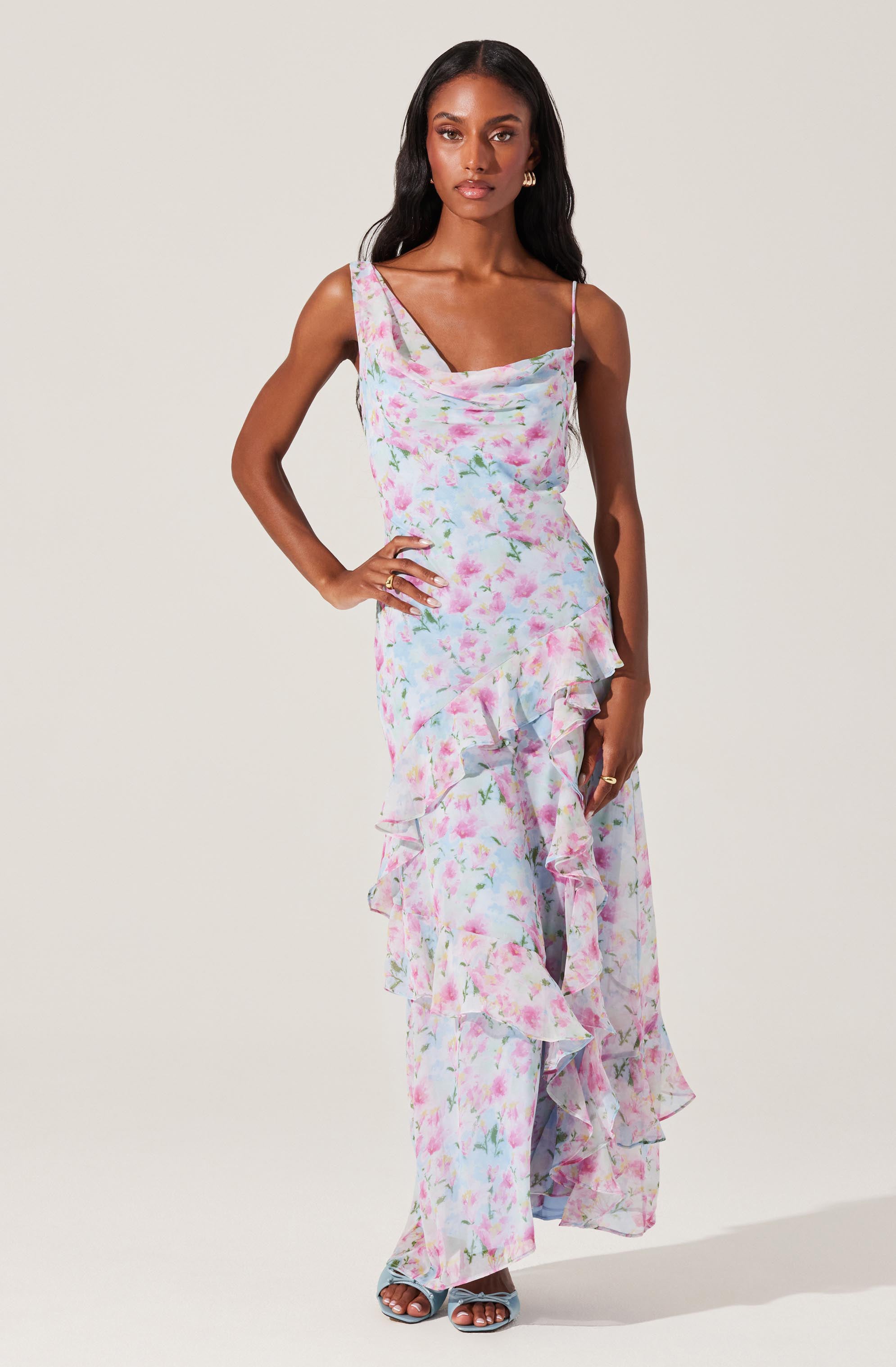 Levina Asymmetric Floral Ruffle Maxi Dress