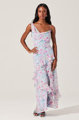 Levina Asymmetric Floral Ruffle Maxi Dress