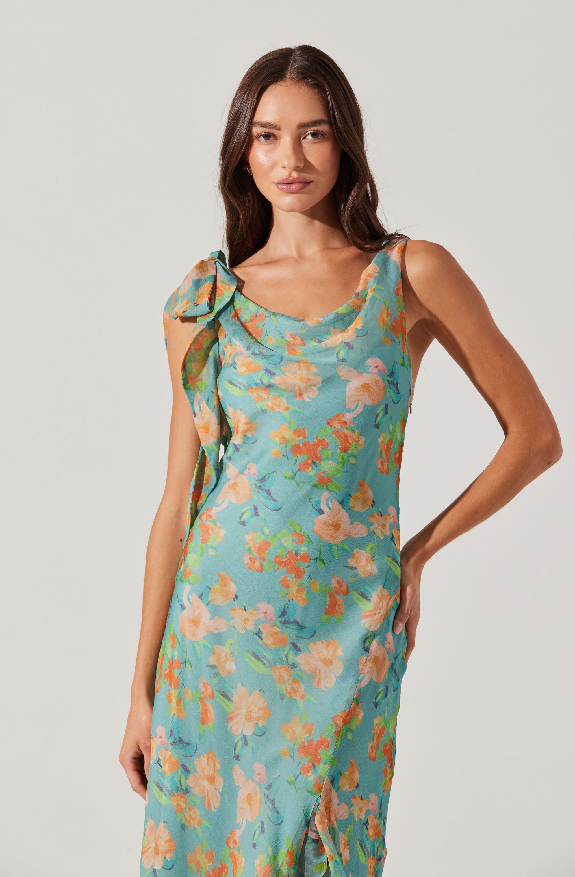 Isabelle Ruffled Cowl Neck Floral Midi Dress
