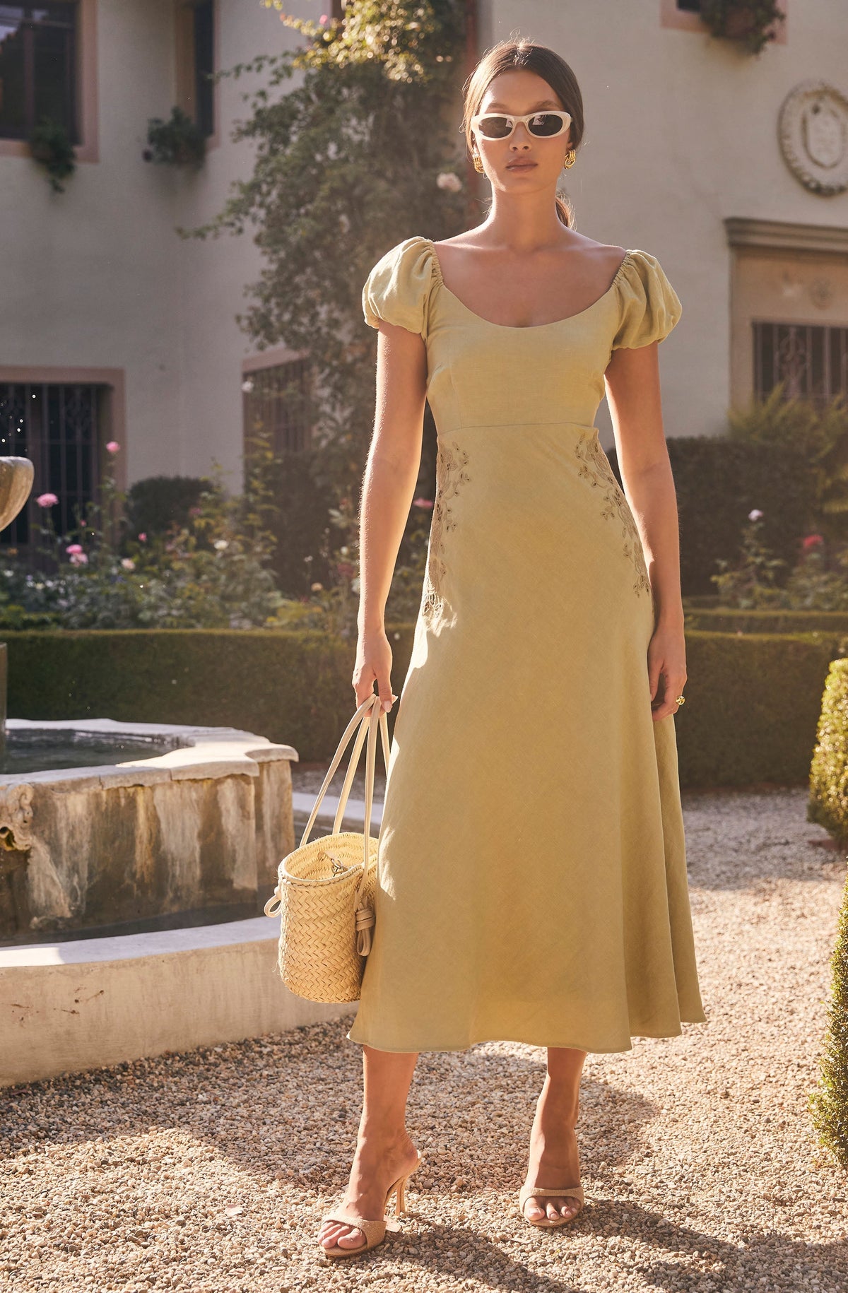 Leocadia Embroidered Puff Sleeve Midi Dress
