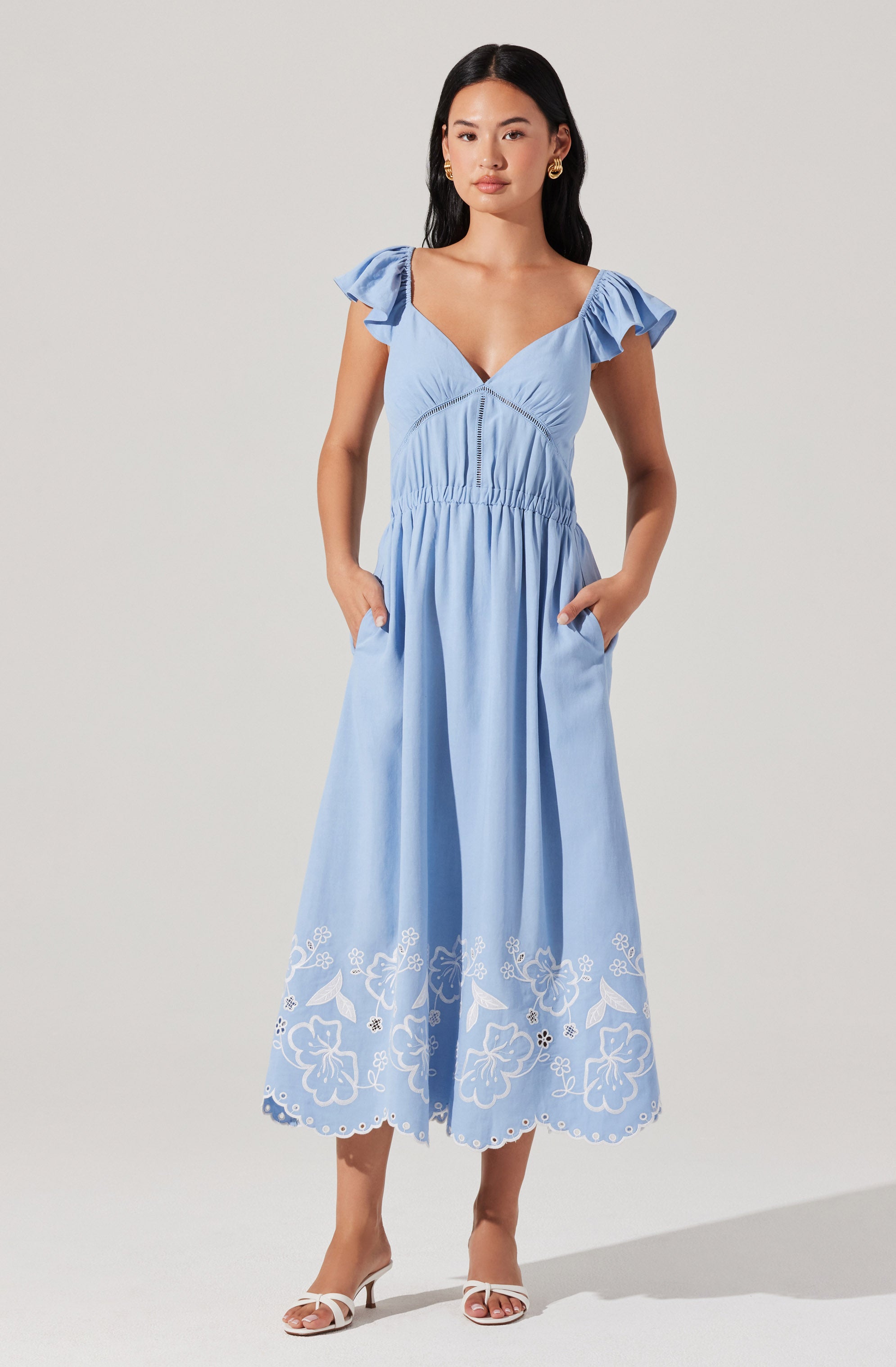 Odeletta Embroidered Floral Trim Midi Dress