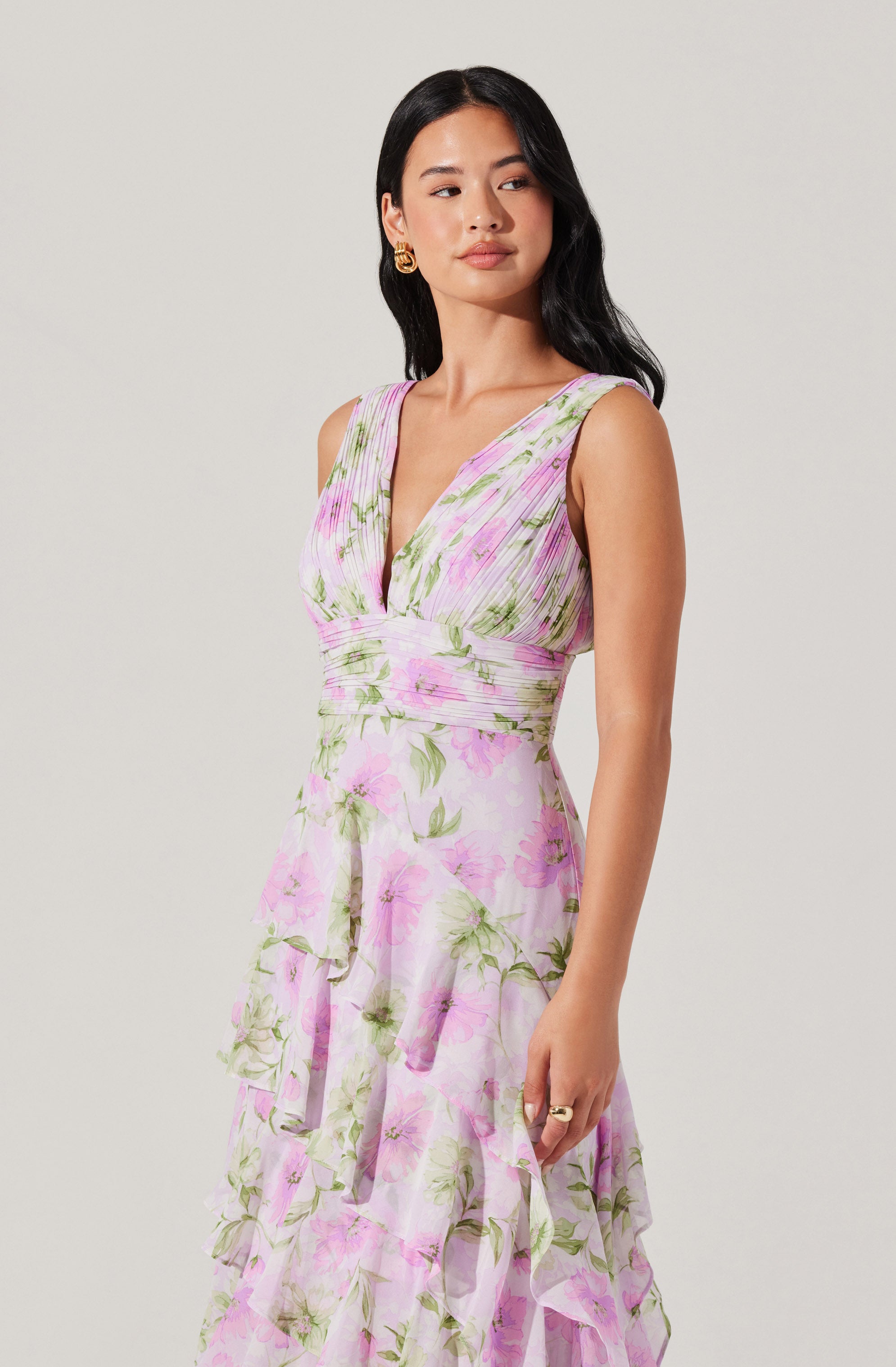 Cytherea Asymmetric Floral Ruffle Midi Dress