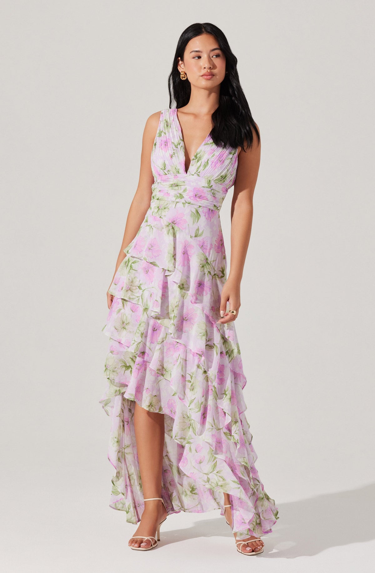 Cytherea Asymmetric Floral Ruffle Midi Dress