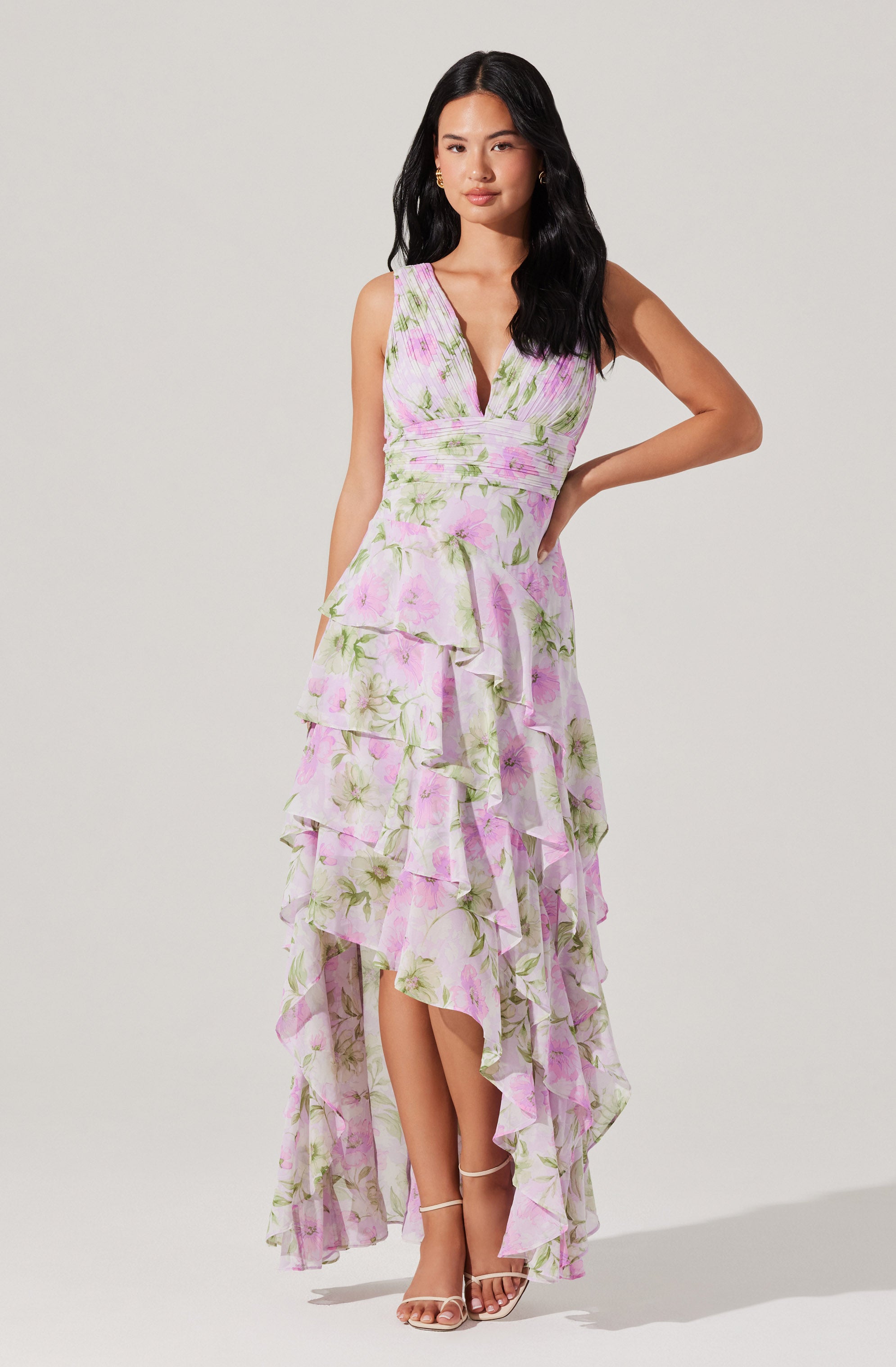 Cytherea Asymmetric Floral Ruffle Midi Dress