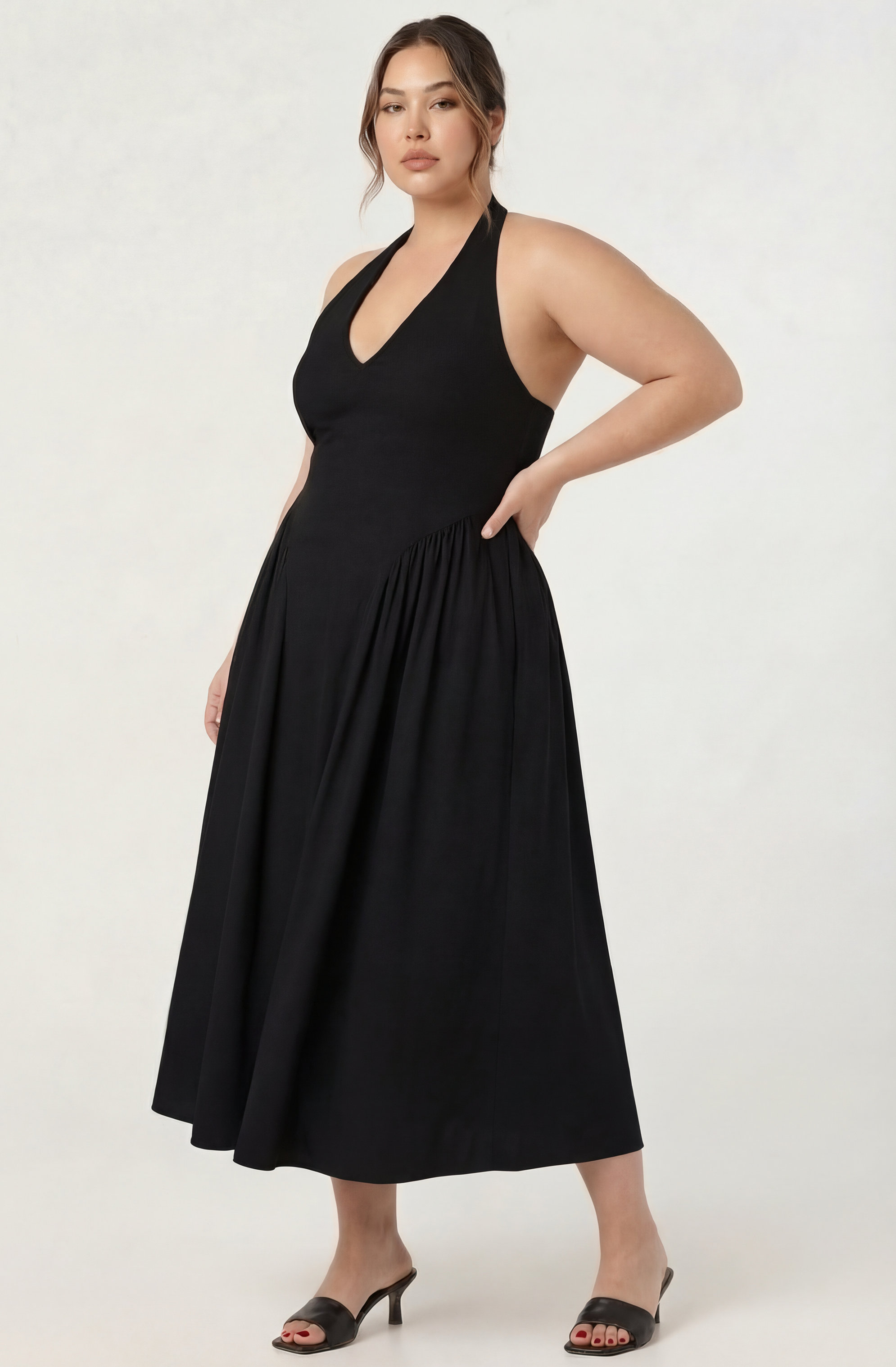 Meana Halter Plunge Drop-Waist Midi Dress