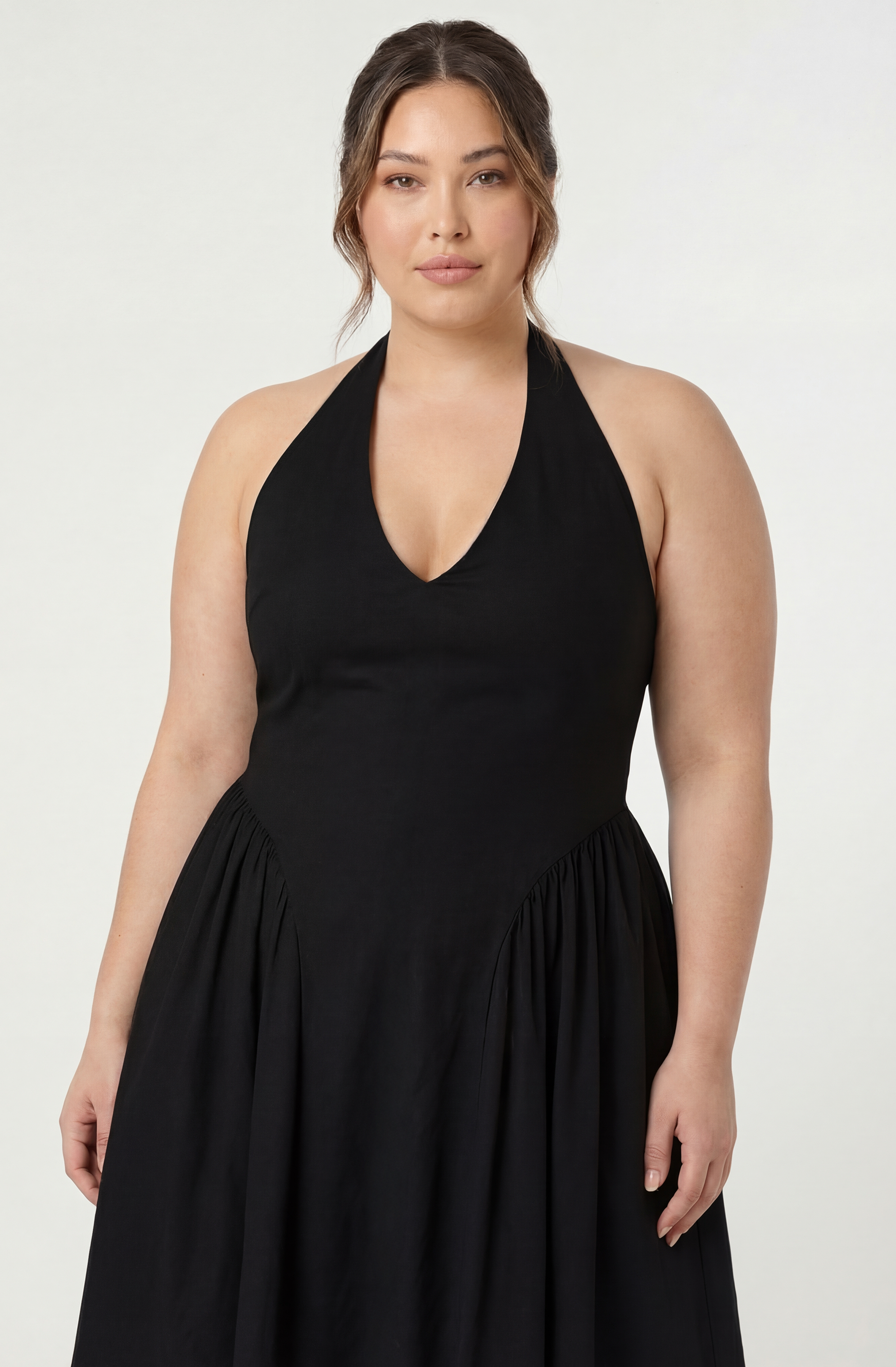 Meana Halter Plunge Drop-Waist Midi Dress