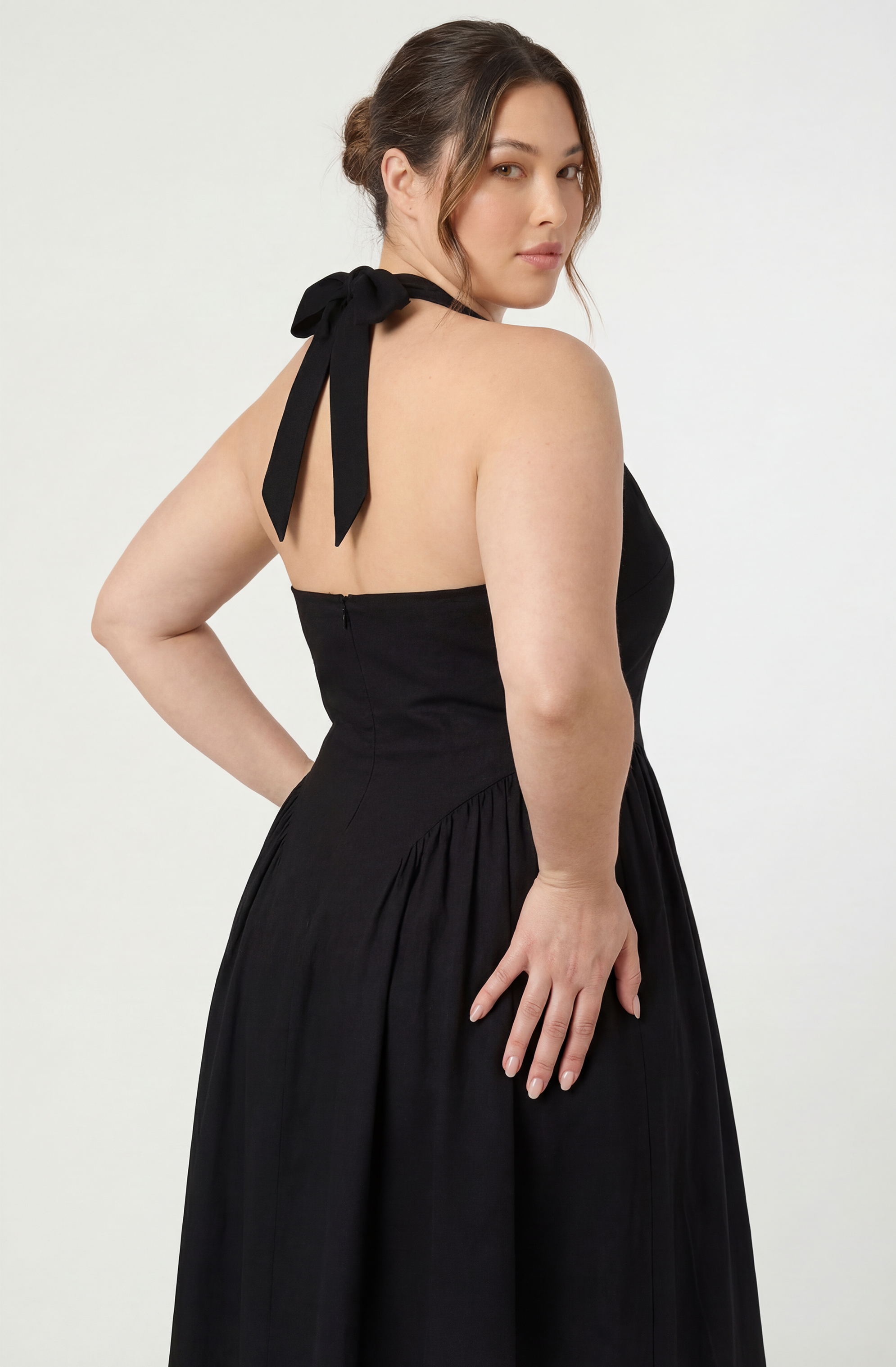 Meana Halter Plunge Drop-Waist Midi Dress