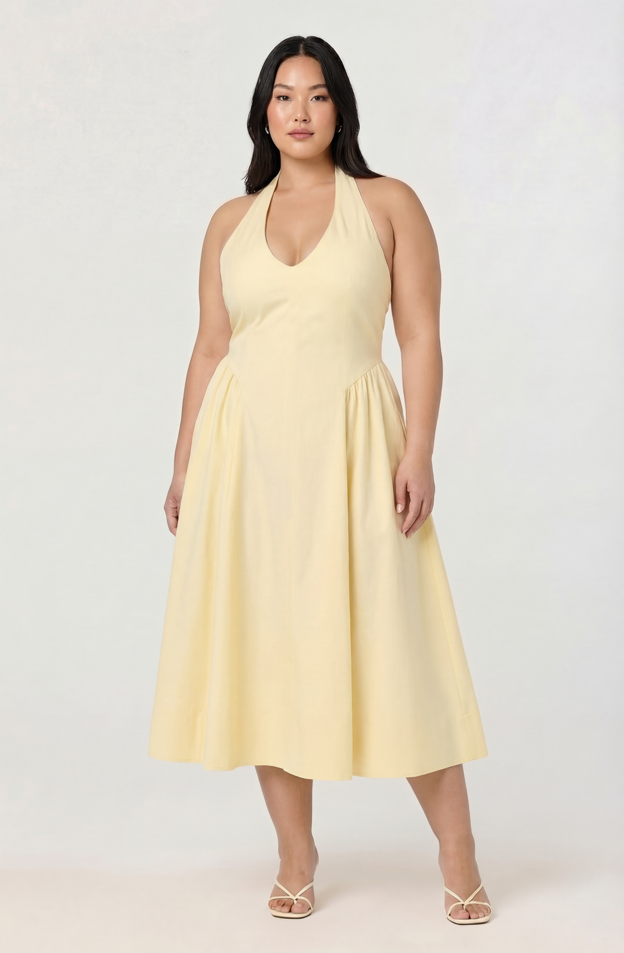 Meana Halter Plunge Drop-Waist Midi Dress
