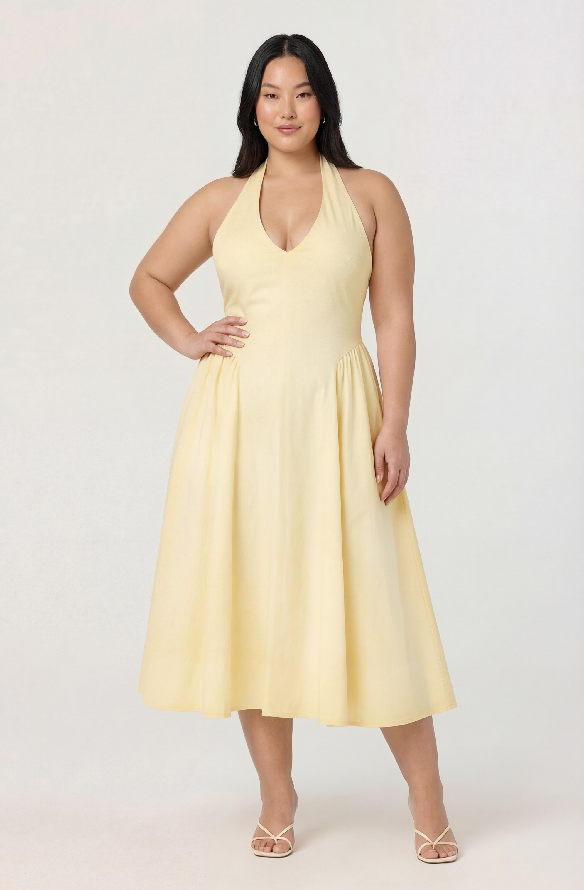 Meana Halter Plunge Drop-Waist Midi Dress