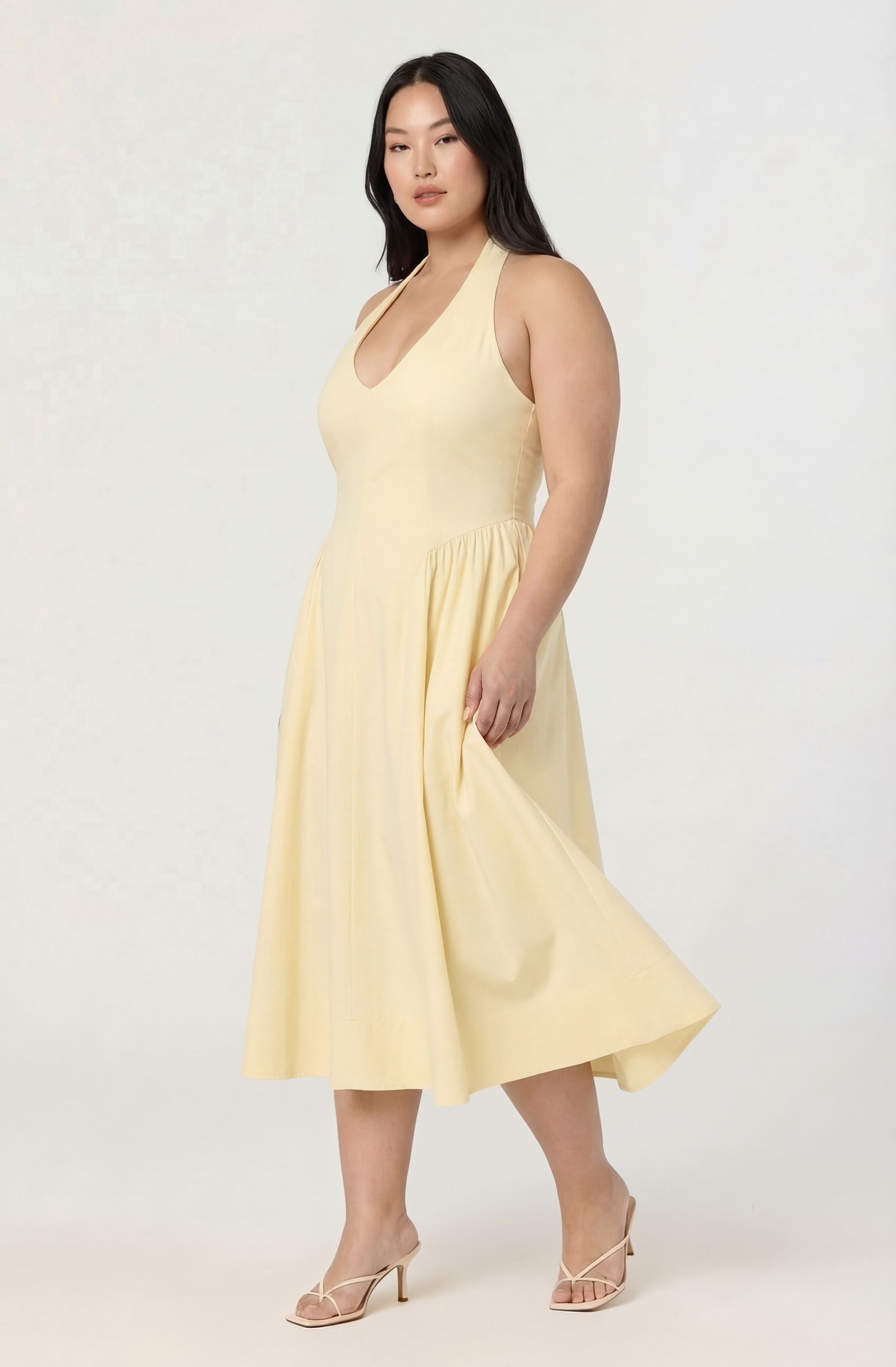 Meana Halter Plunge Drop-Waist Midi Dress