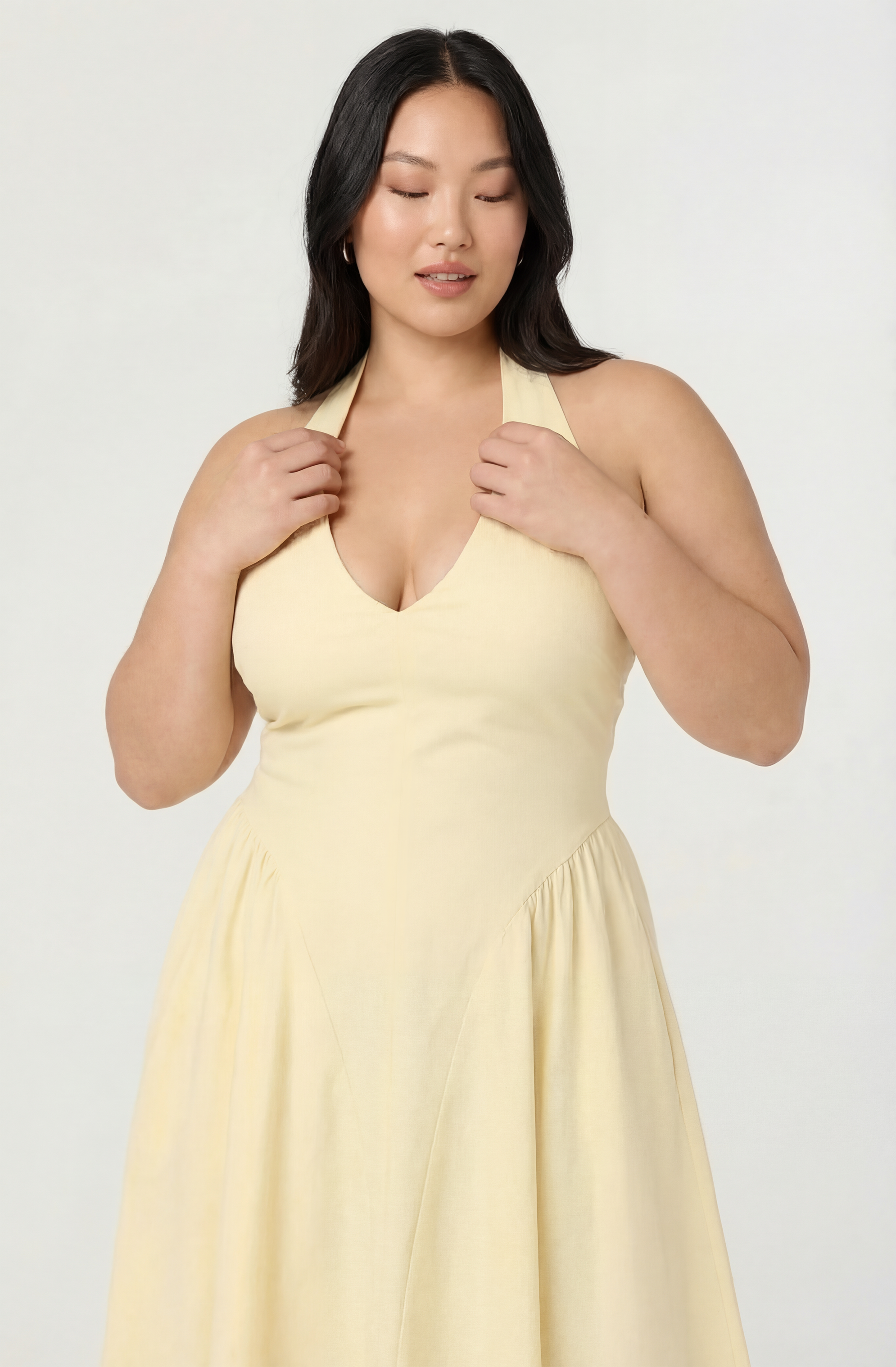 Meana Halter Plunge Drop-Waist Midi Dress