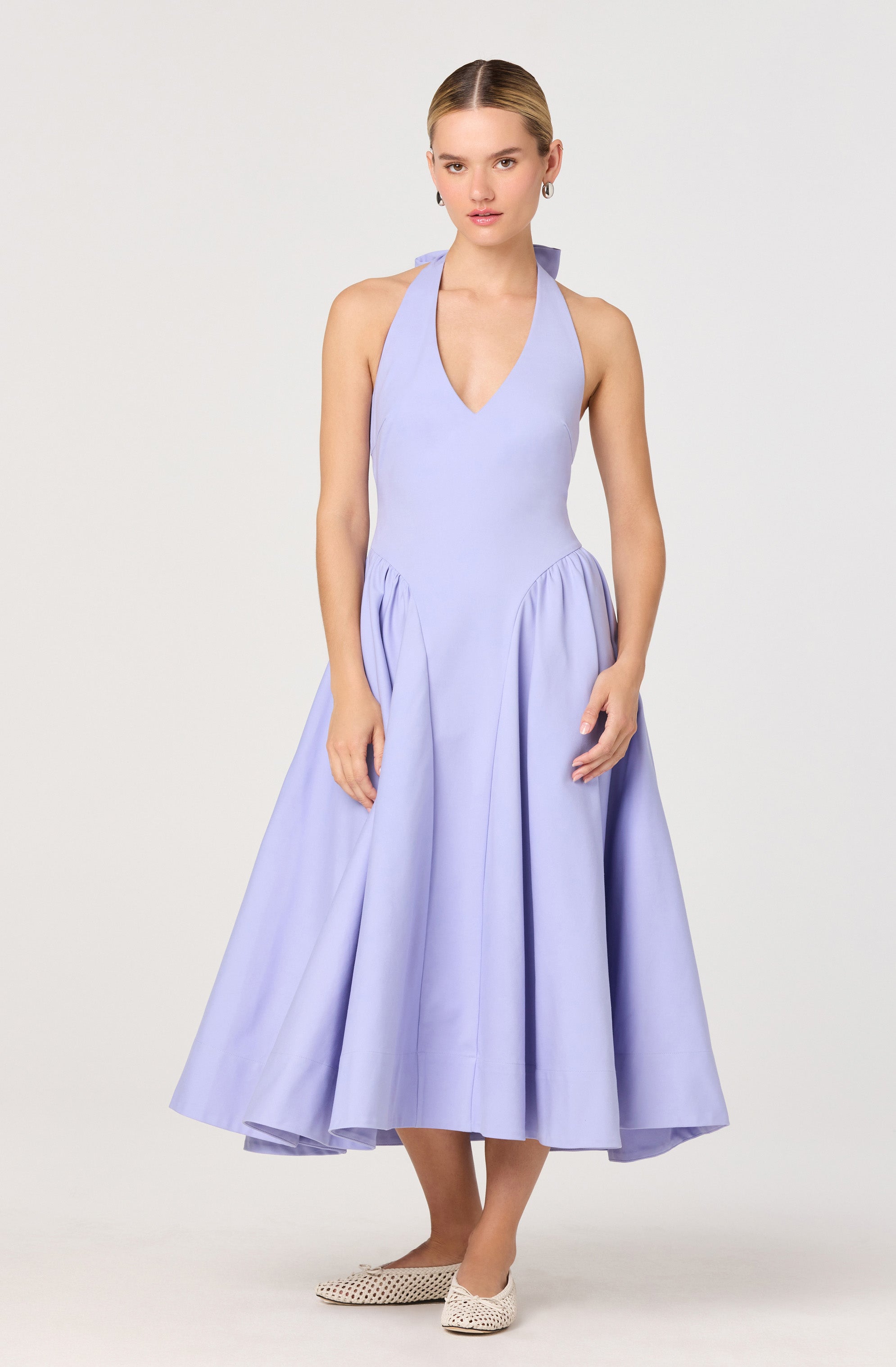 Meana Halter Plunge Drop-Waist Midi Dress