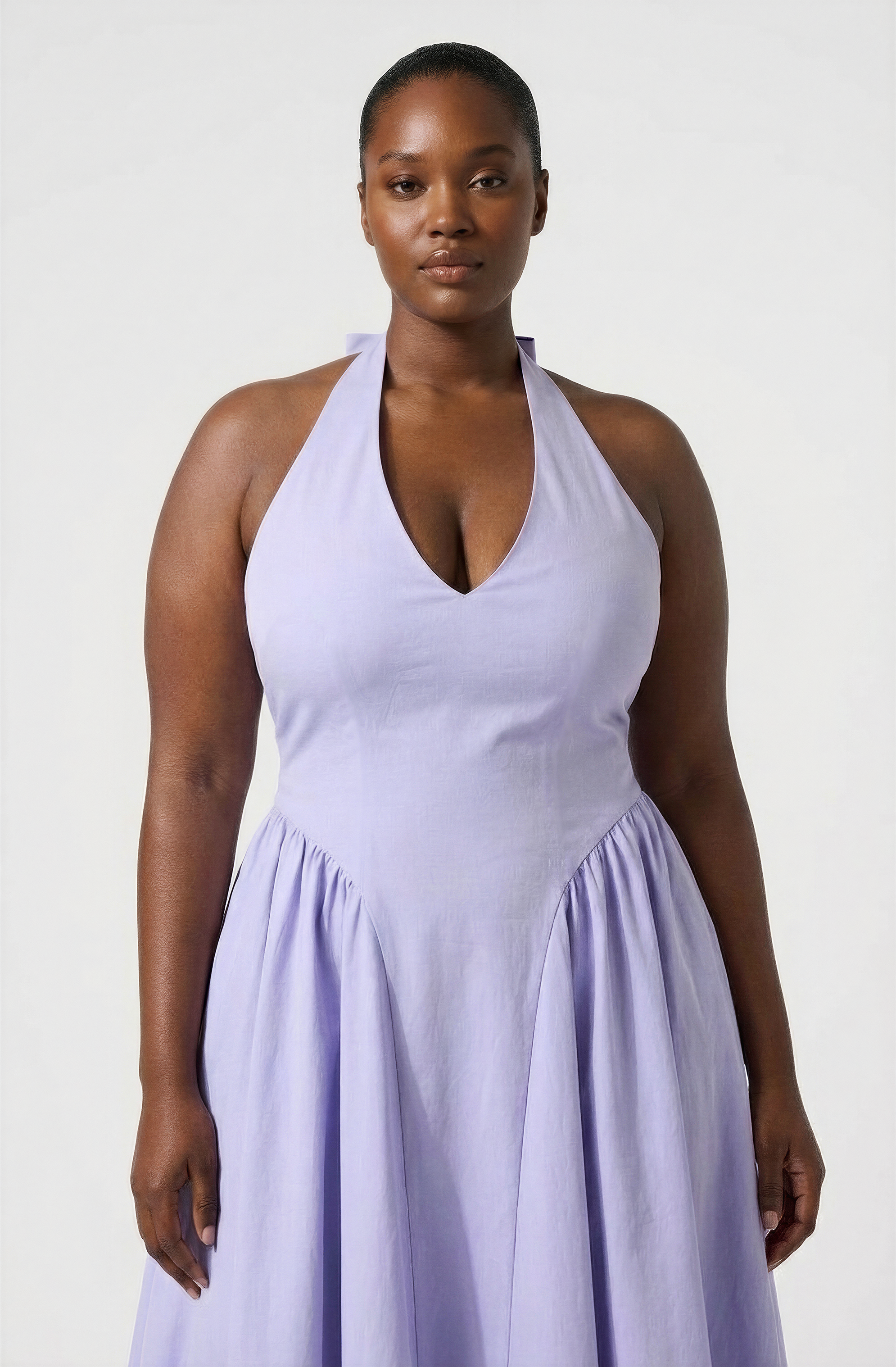 Meana Halter Plunge Drop-Waist Midi Dress