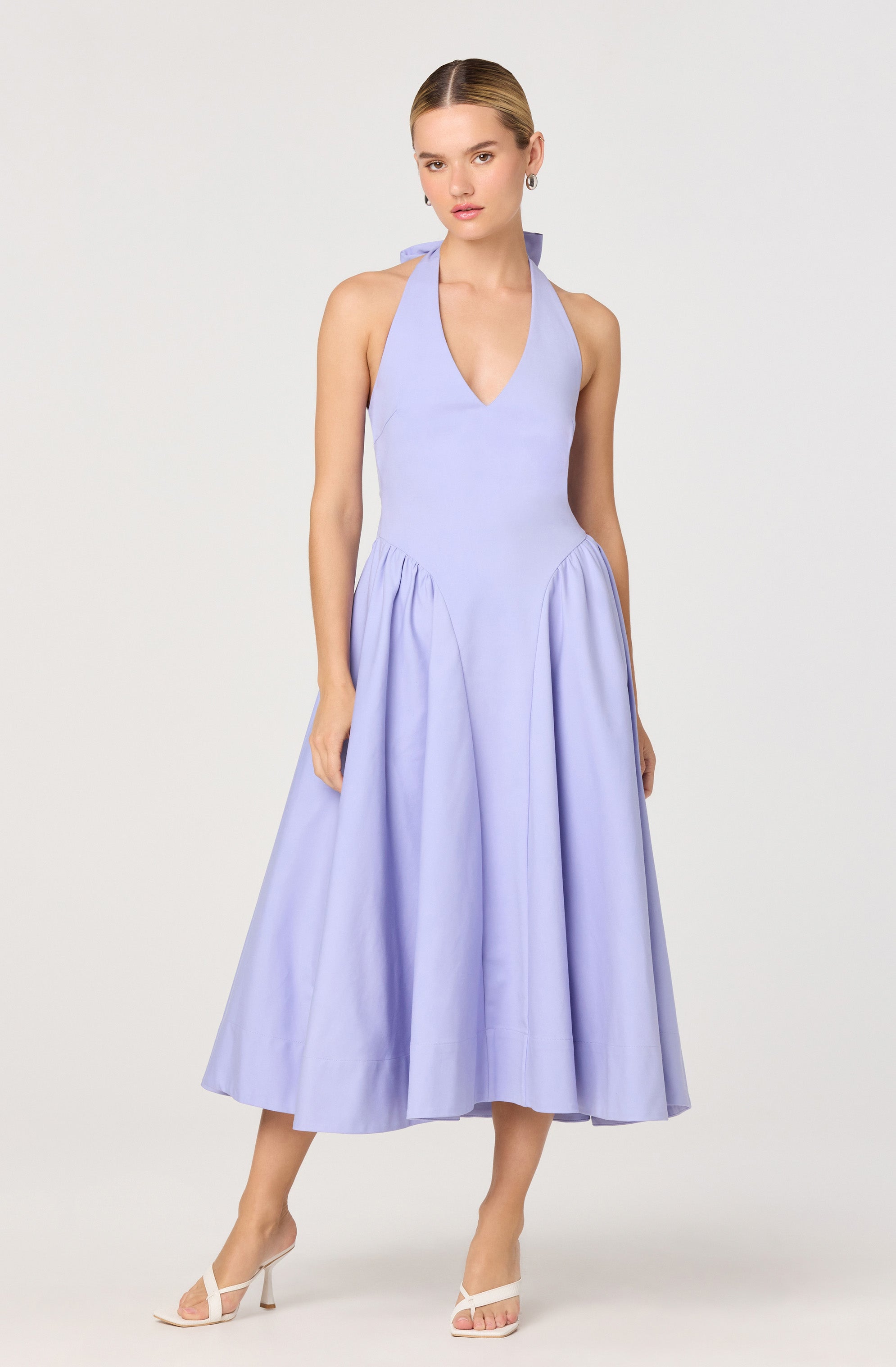 Meana Halter Plunge Drop-Waist Midi Dress