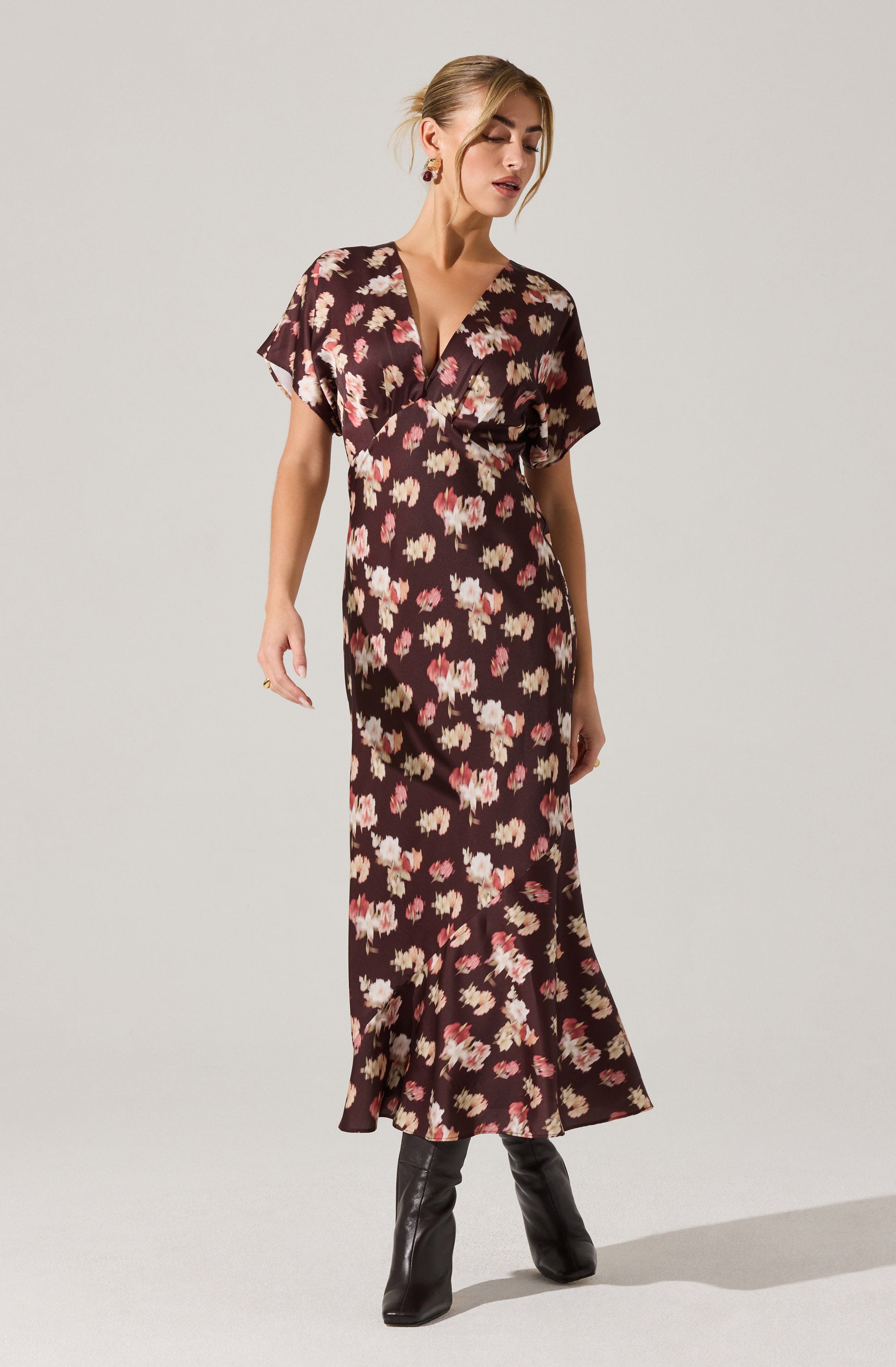 Talyha Floral Satin V-Neck Midi Dress