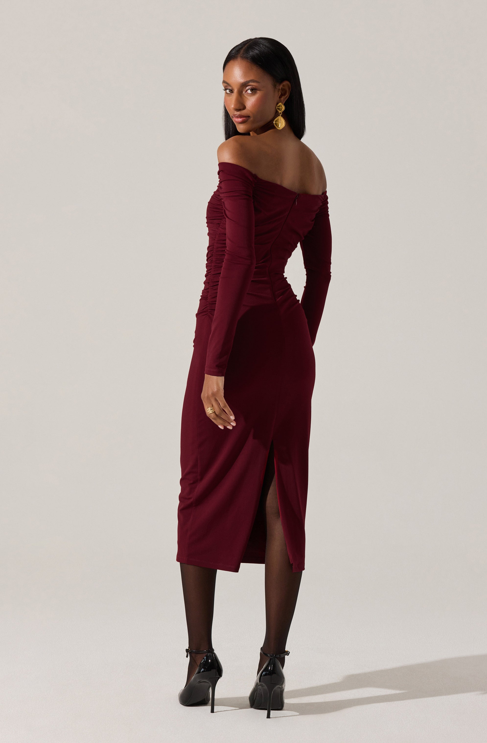 Lovinia Ruched Off Shoulder Midi Dress