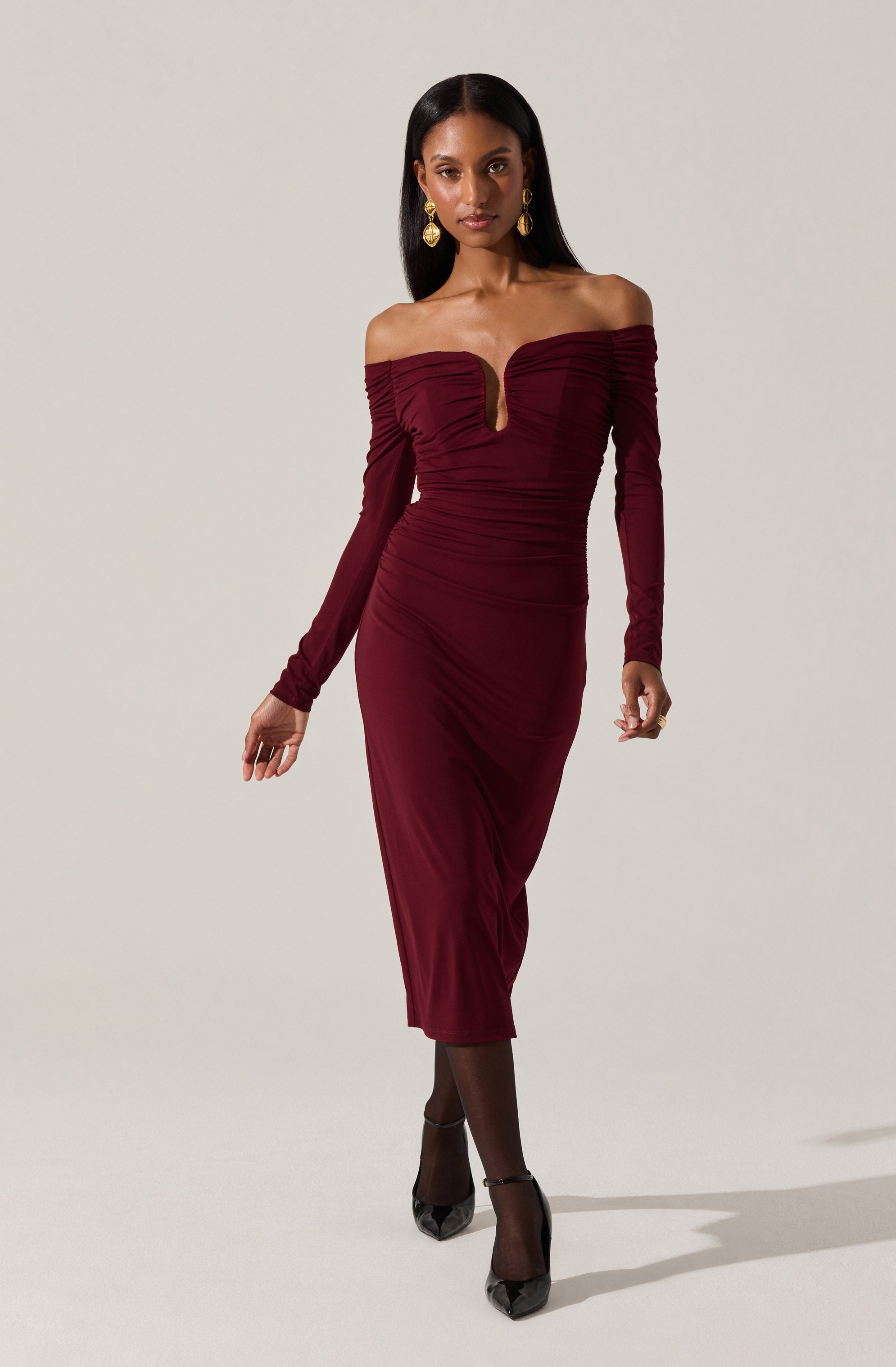 Lovinia Ruched Off Shoulder Midi Dress