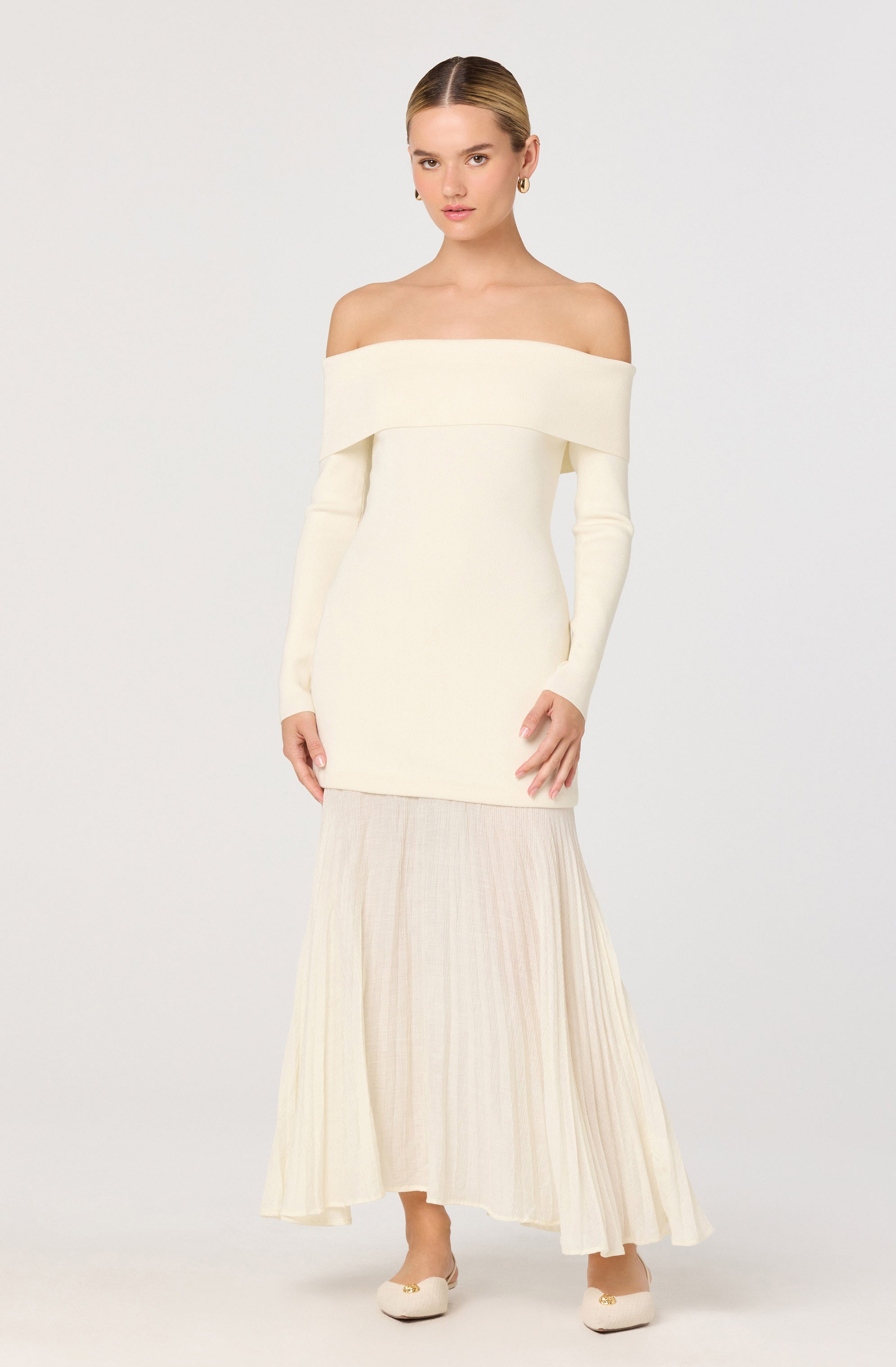 Lidia Off-Shoulder Pleated Midi Dress