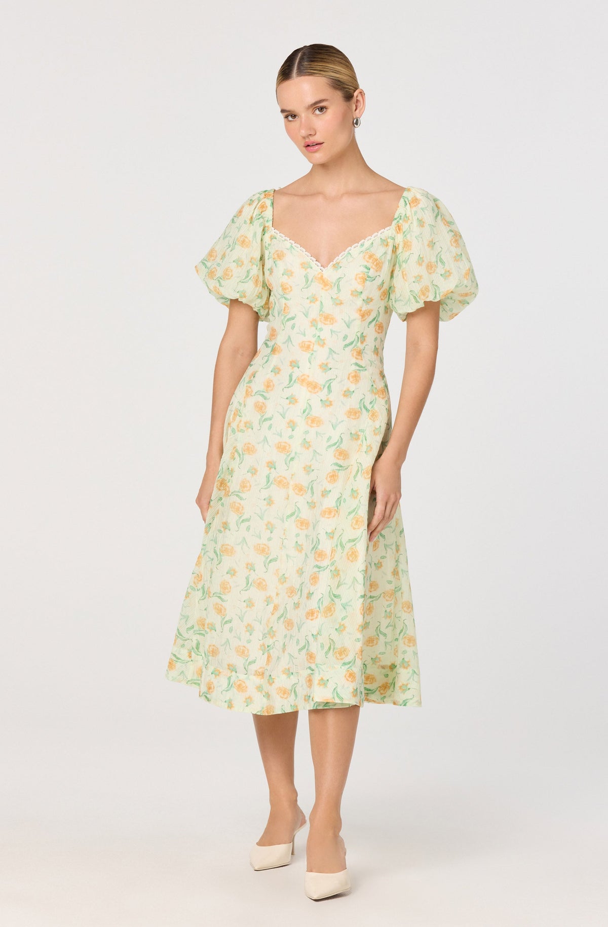 Mayra Floral Plissé Puff Sleeve Midi Dress