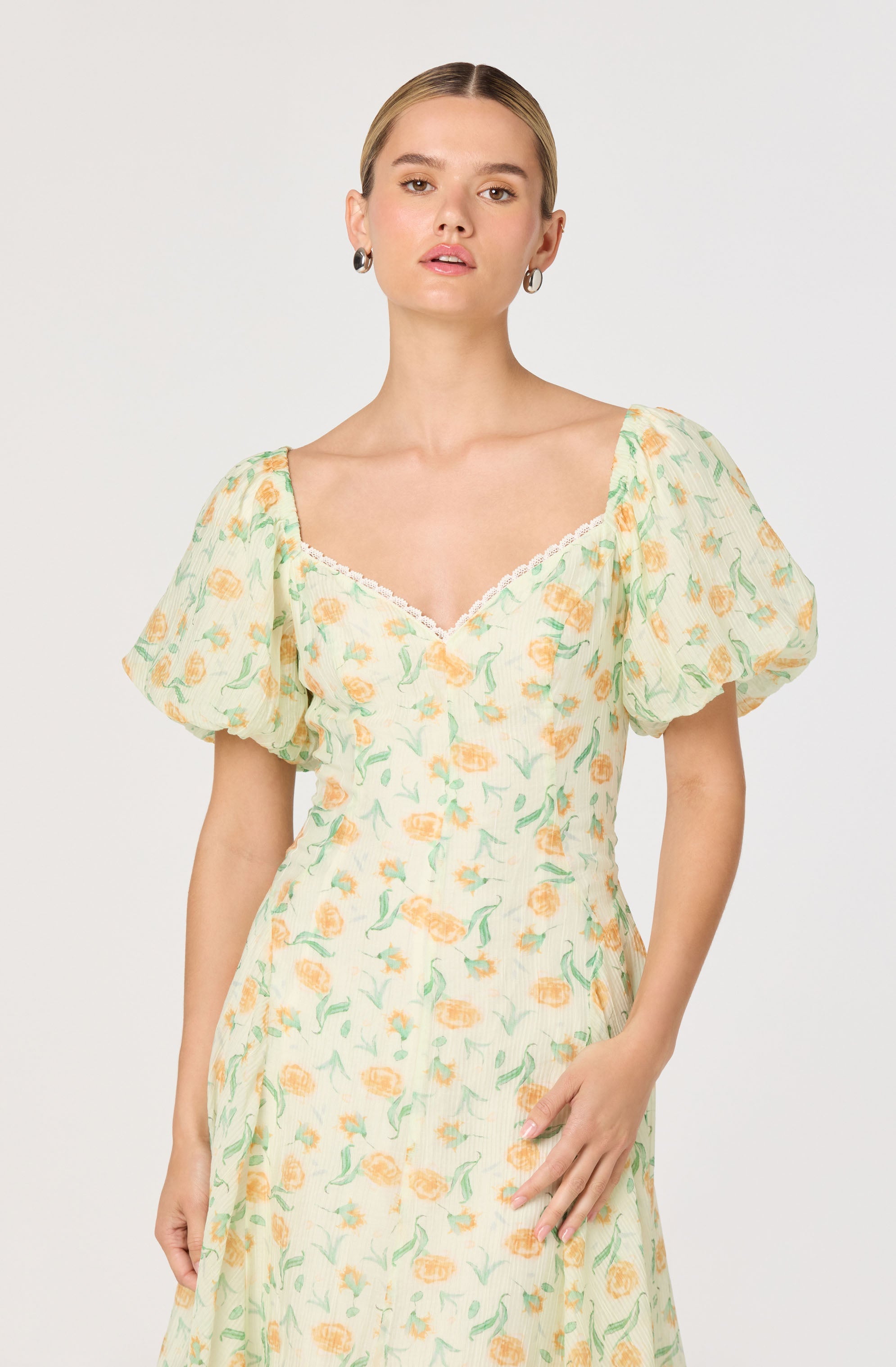 Mayra Floral Plissé Puff Sleeve Midi Dress