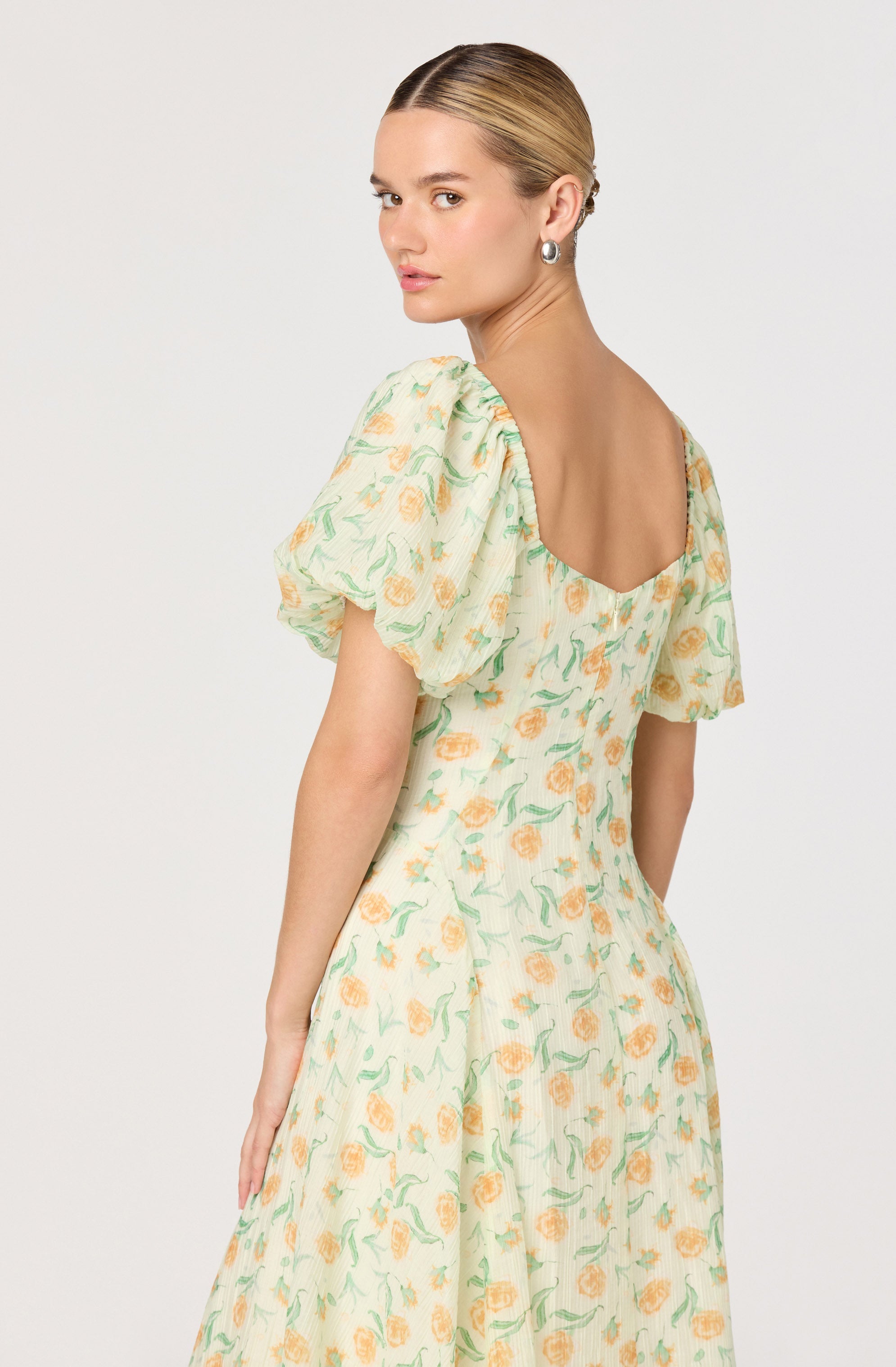 Mayra Floral Plissé Puff Sleeve Midi Dress