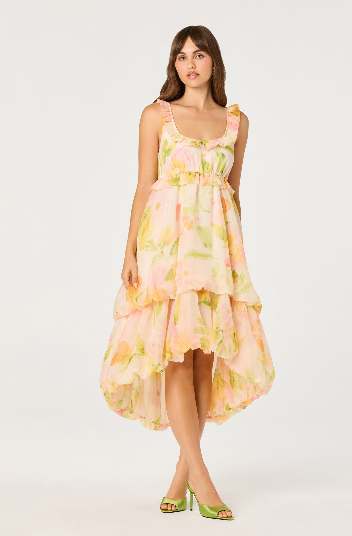 Serenidy Floral Ruffle Tiered High-Low Midi Dress