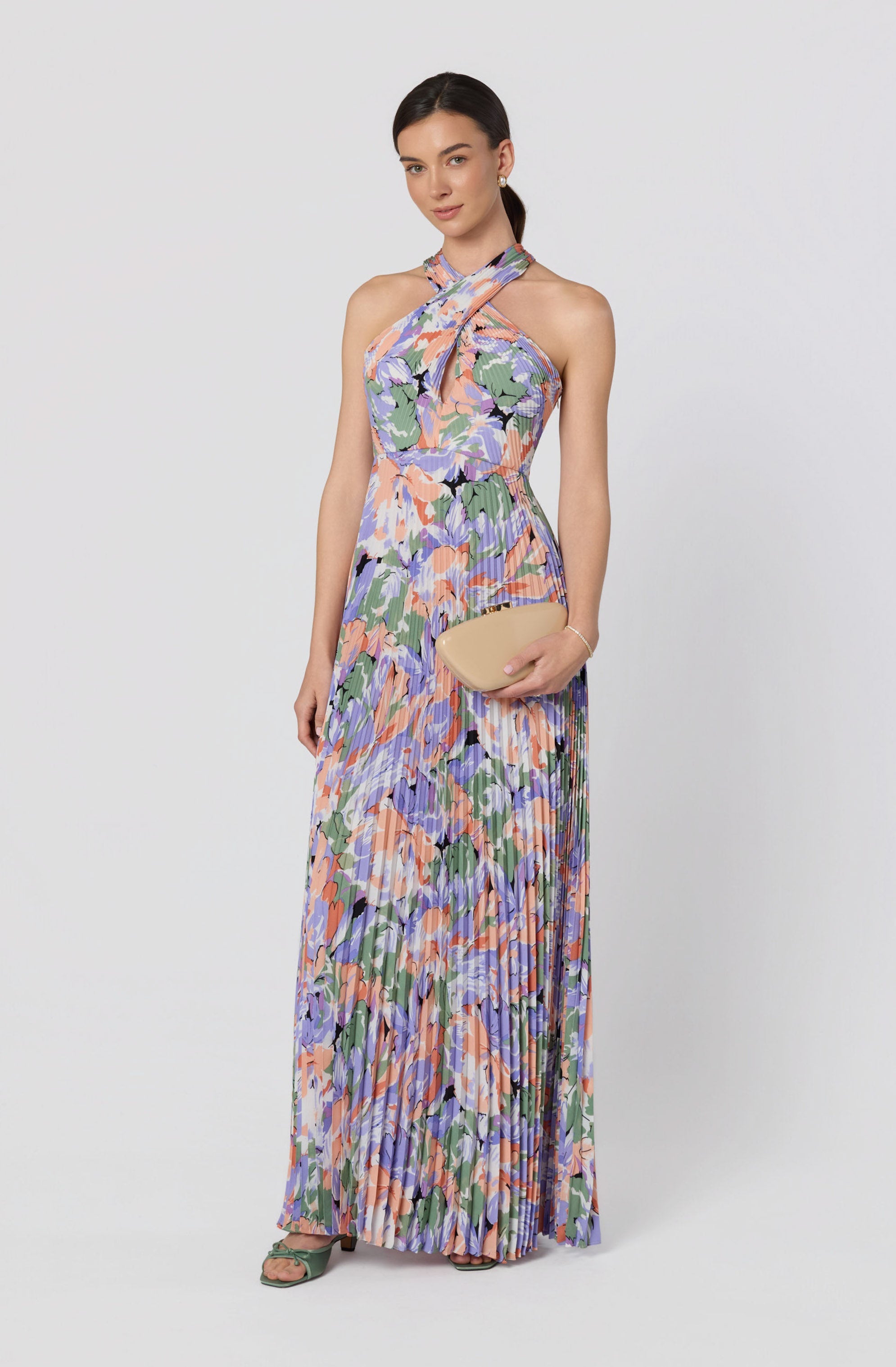 Samantha Floral Halter Pleated Gown