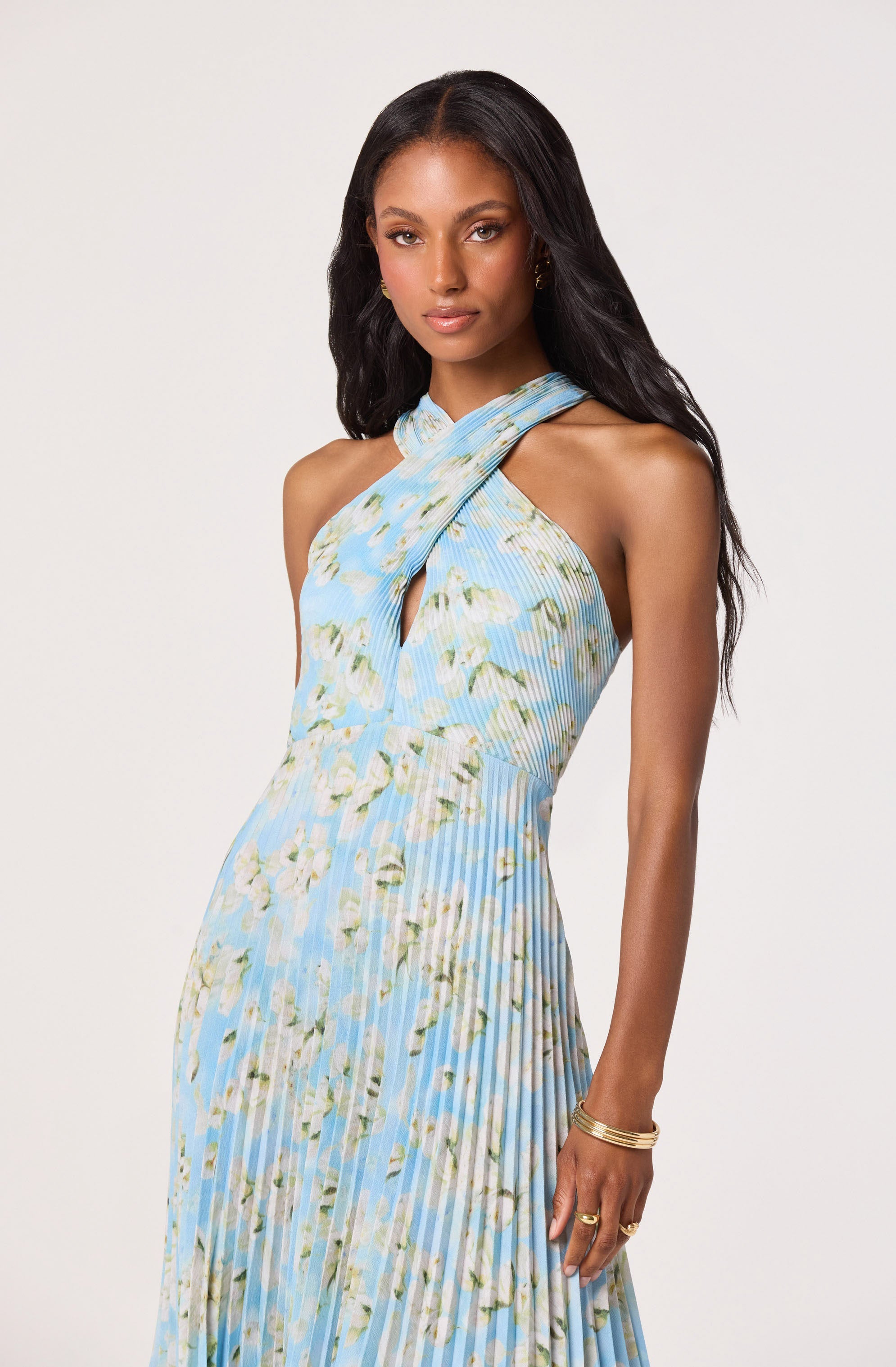 Samantha Plissé Halter Midi Dress