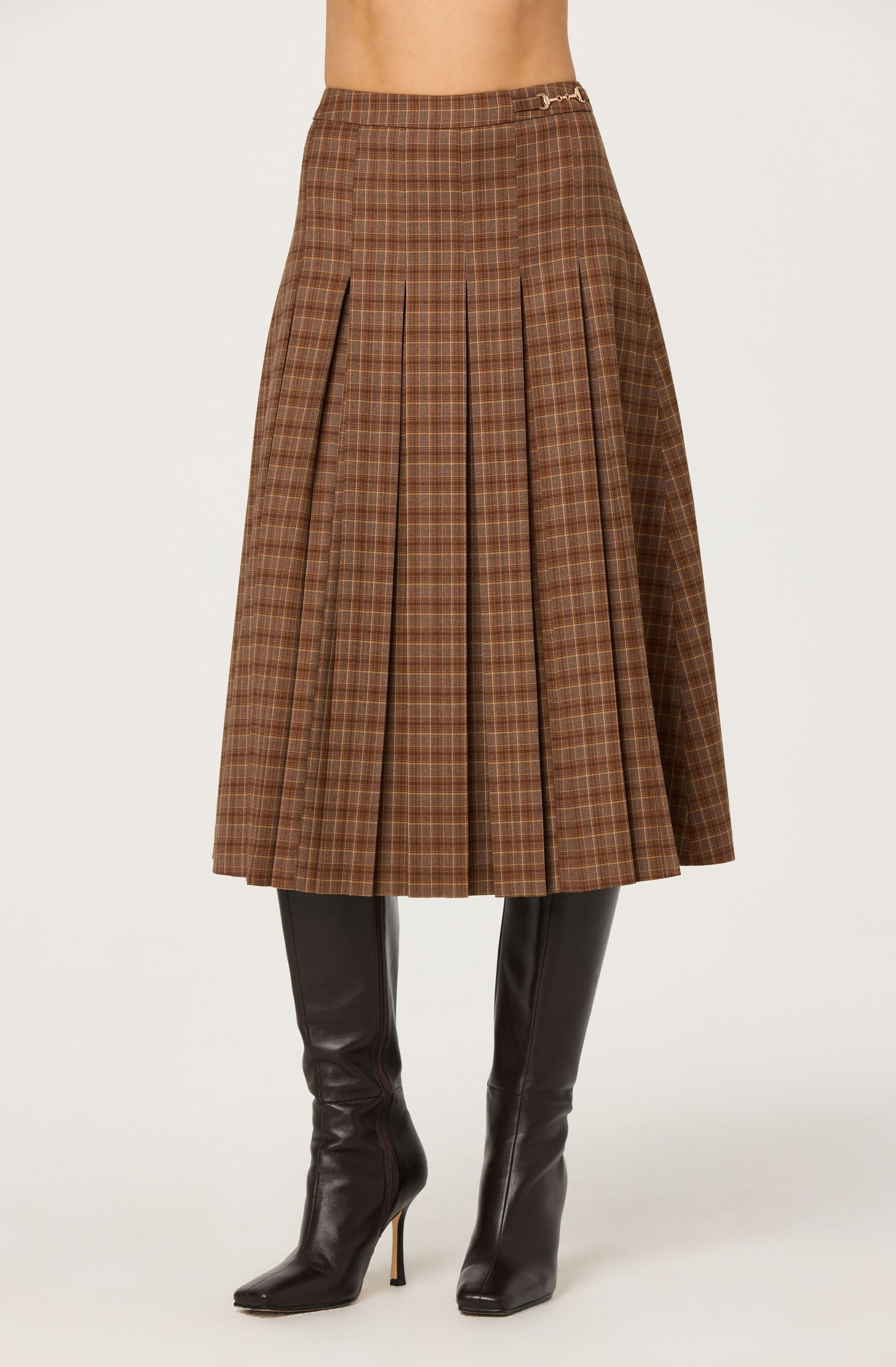 Vena Pleated Plaid Midi Skirt