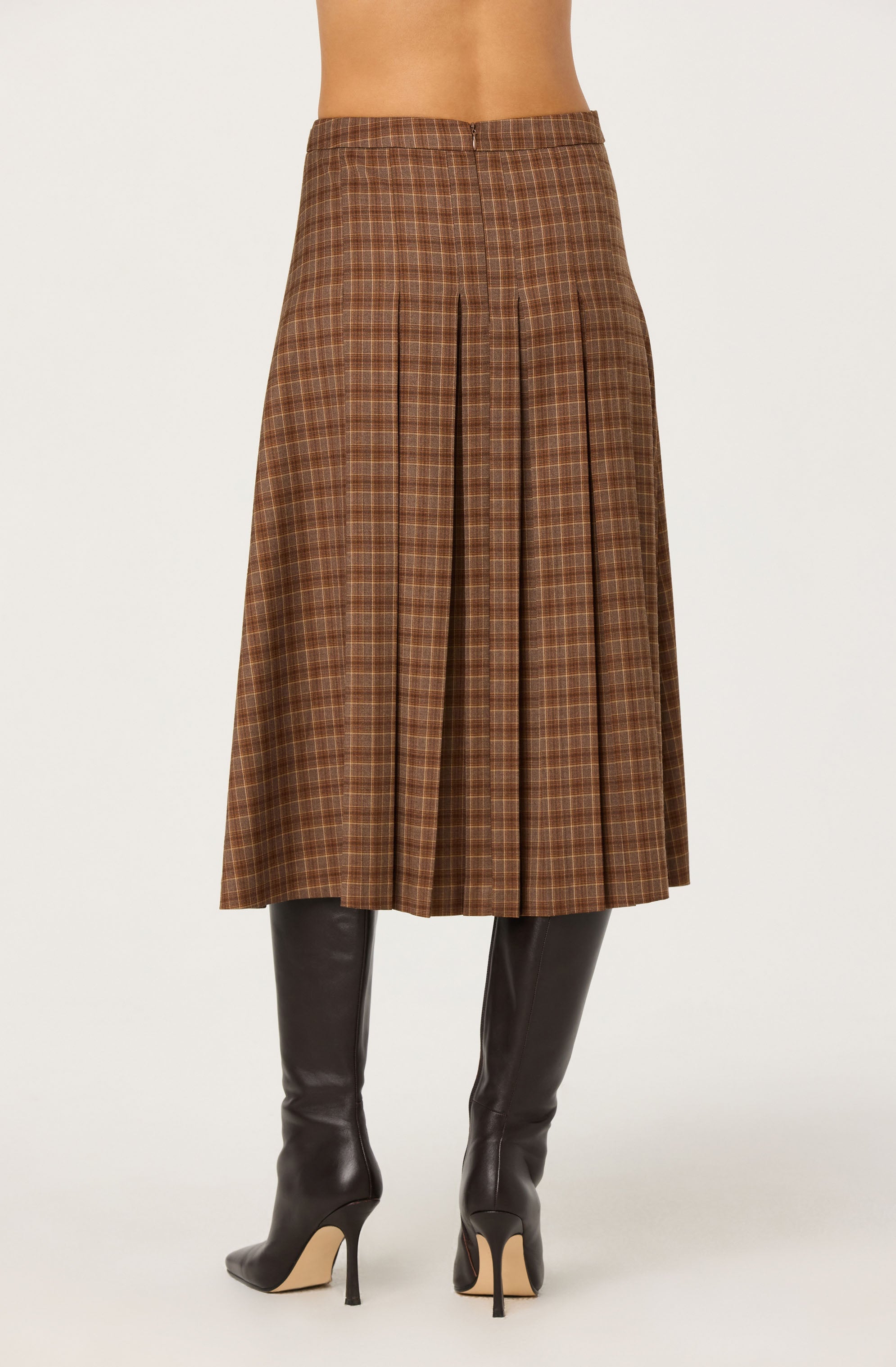 Vena Pleated Plaid Midi Skirt