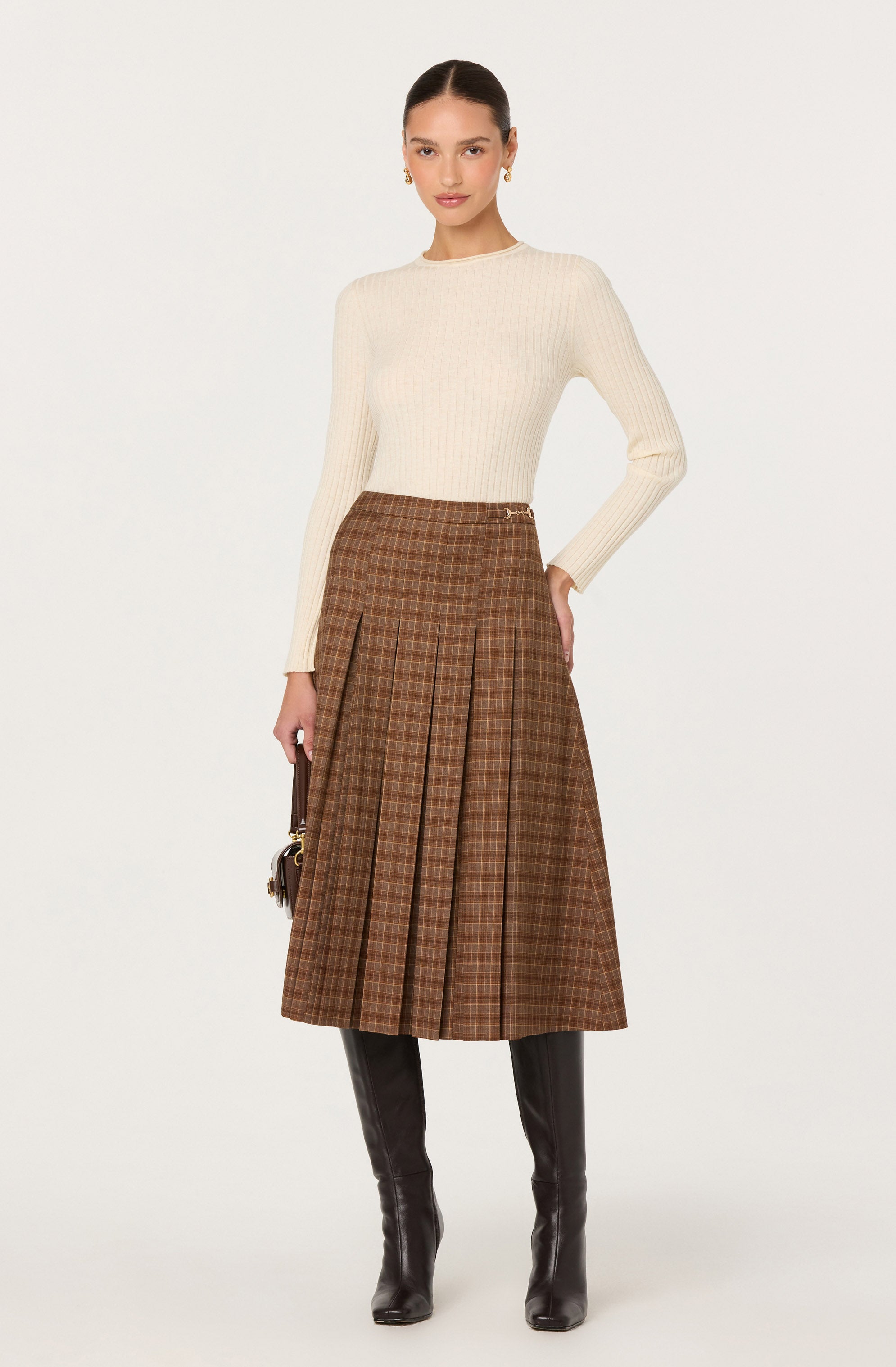 Vena Pleated Plaid Midi Skirt