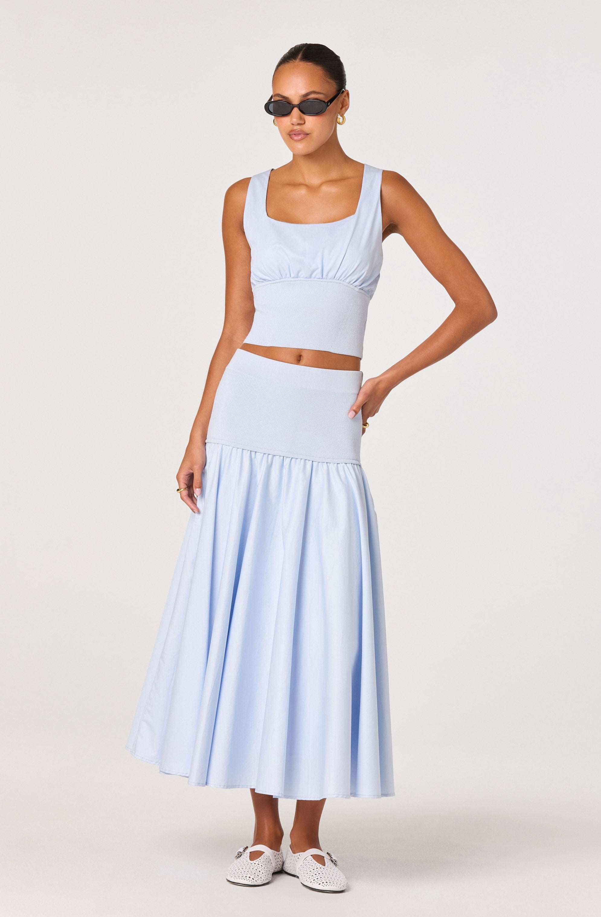 Thesan Mixed Media Drop-Waist Midi Skirt