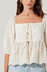 Ezmae Embroidered Tie-Front Top