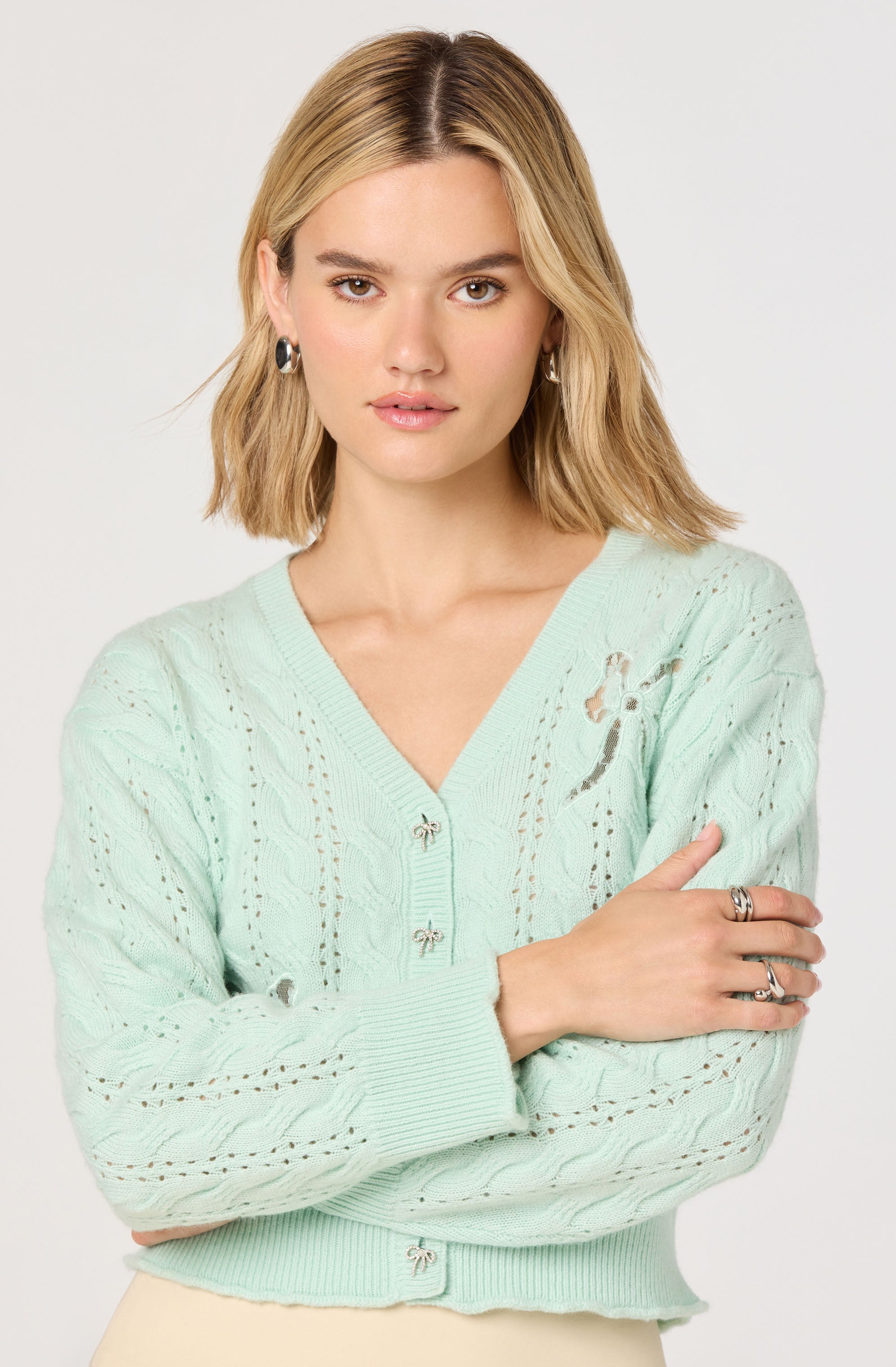Kalen Cable-Knit Bow Cutout Cardigan