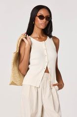 Mamie Ribbed Knit Button-Front Top