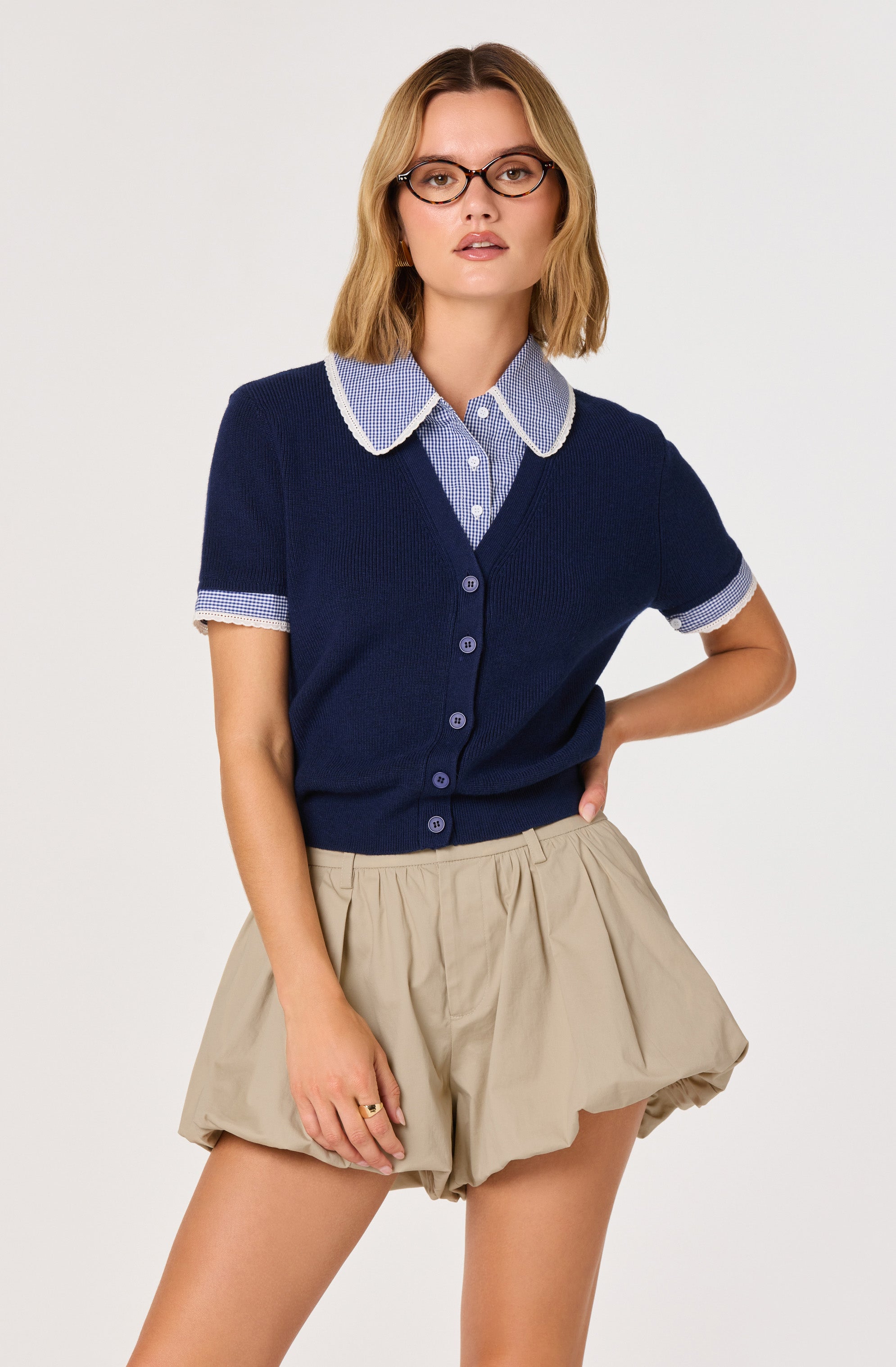 Marlee Mixed Media Cardigan with Gingham Collar