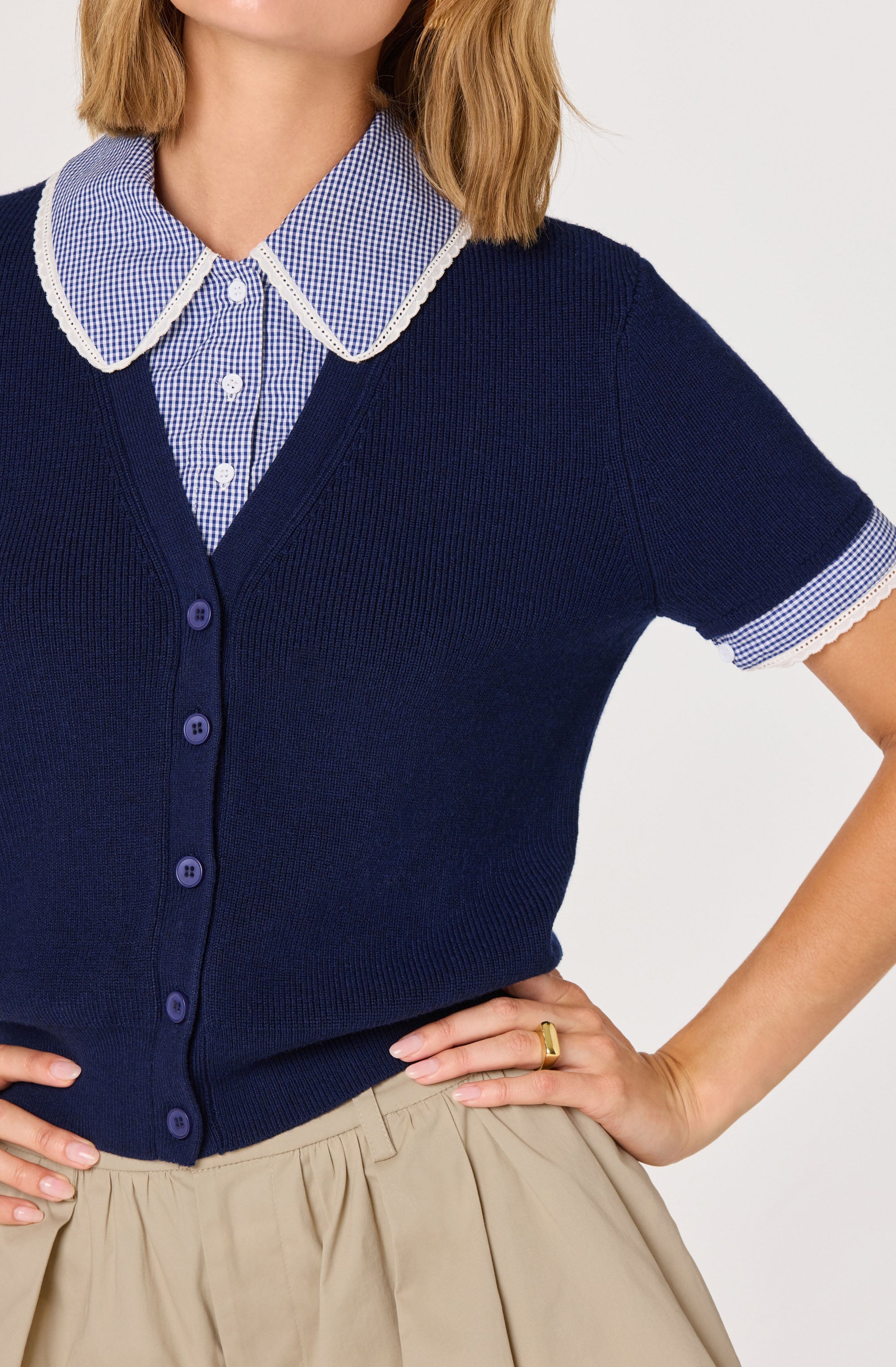 Marlee Mixed Media Cardigan with Gingham Collar