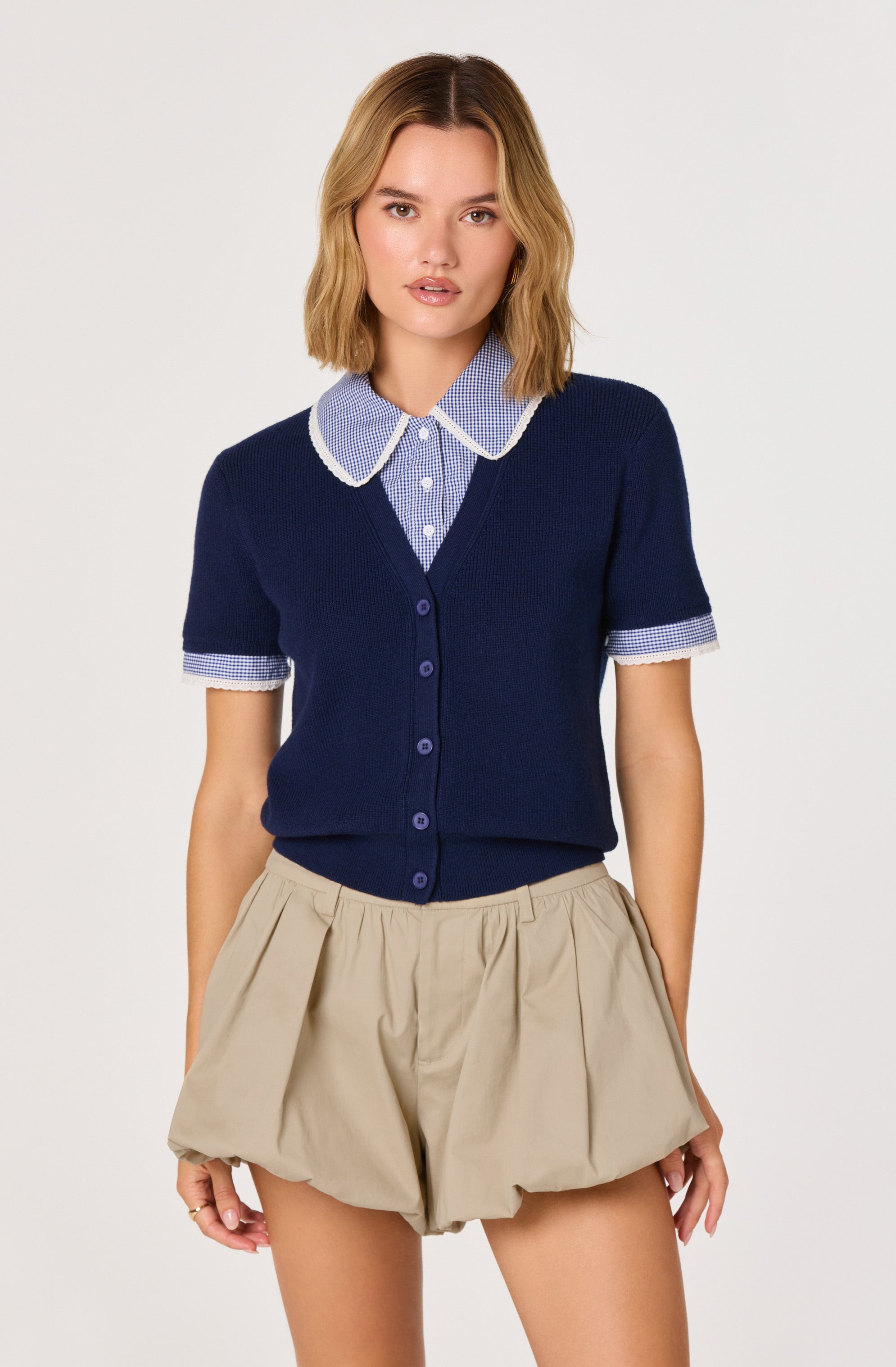 Marlee Mixed Media Cardigan with Gingham Collar